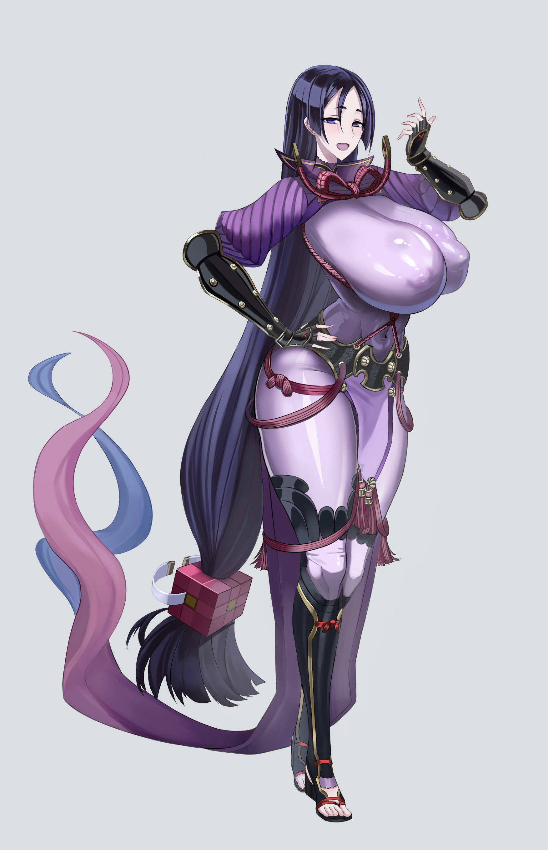 arched back, bodysuit, breasts, crow019, fate (series), huge breasts, minamoto no raikou (fate), minamoto no raikou (fate/grand order), nipples visible through clothing, shiny clothes, standing, wide hips