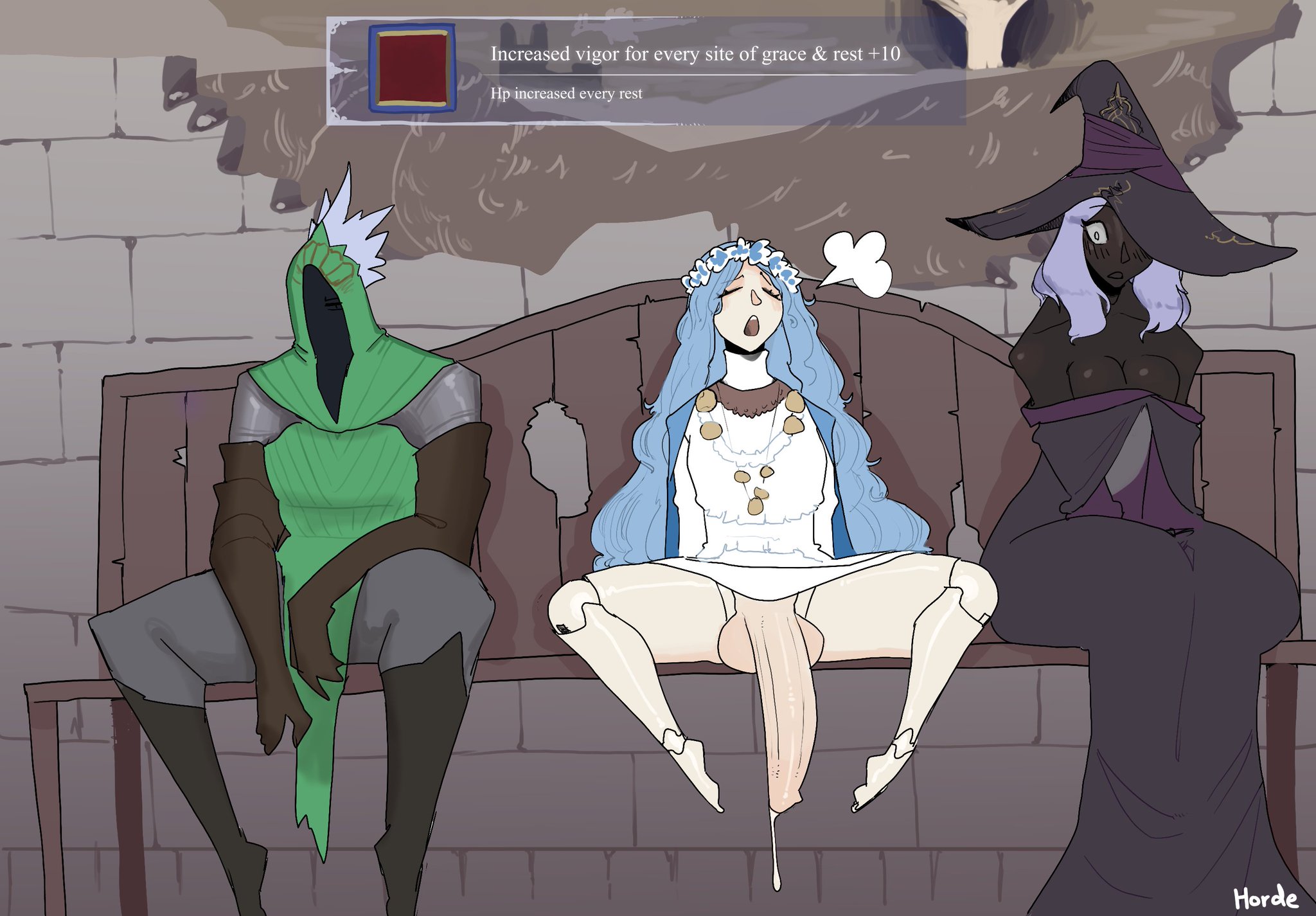 black body, blue hair, bottomless, breasts, casual, casual bottomless, casual exposure, cock shock, devianthorde, doll, doll joints, elden ring, elden ring nightreign, exhibitionism, female, fromsoftware, futanari, gameplay mechanics, girlcock, hung, hung futa, imminent sex, ironeye (nightreign), leaking precum, male, open legs, penis awe, penis to the knees, precum, public, public exposure, public indecency, recluse (nightreign), relief, resting, revenant (nightreign), shaved crotch, size difference, soft breasts, surprised, surprised expression