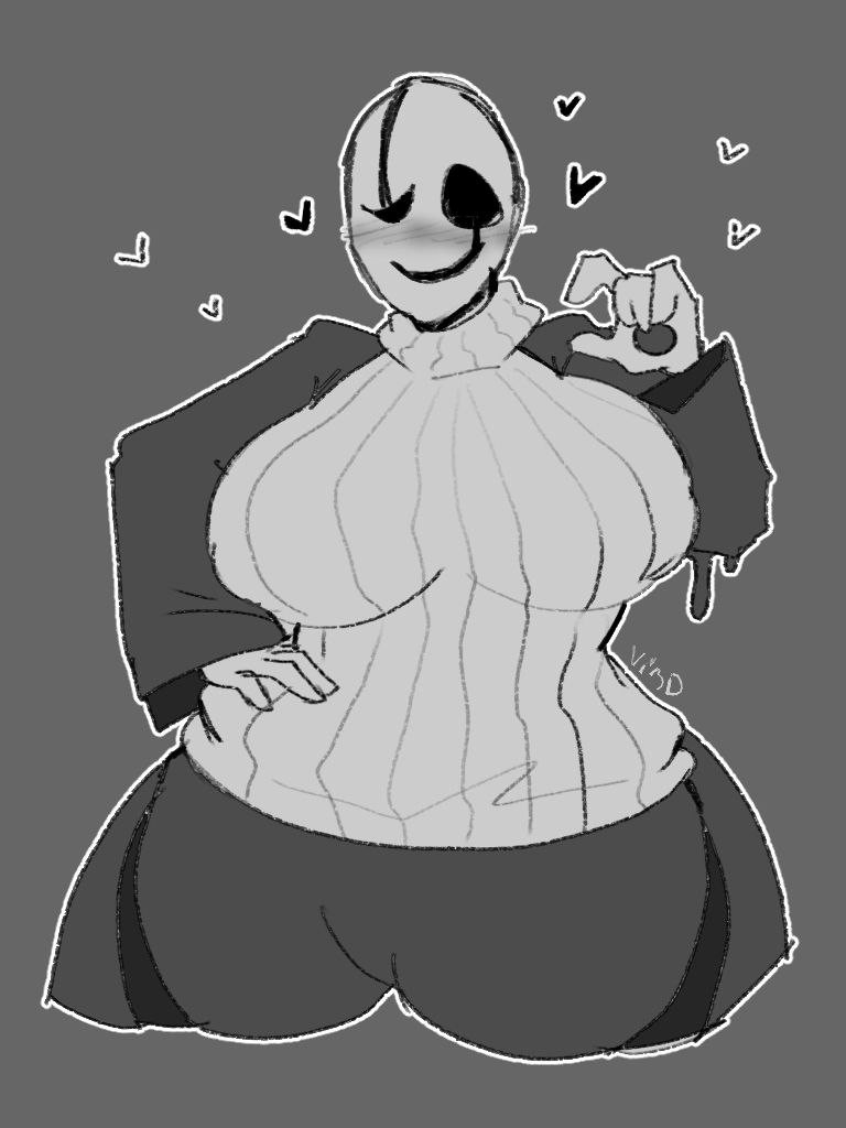 2d, 2d (artwork), breasts, ditcherthelewd, fem gaster, female, female only, gaster, grey background, heart, hearts around head, solo, solo female, sweater, tagme, turtleneck, turtleneck sweater, undertale, undertale (series), white sweater