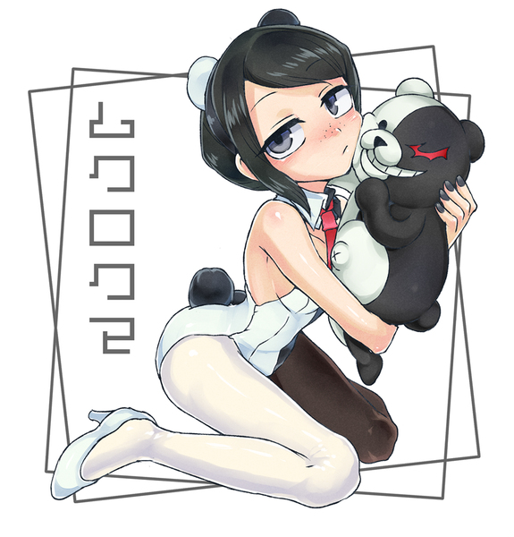 animal ears, bear ears, black hair, black nails, blue eyes, blush, danganronpa, danganronpa 1, female, female only, freckles, heels, high heels, monokuma, mukuro ikusaba, pantyhose, playboy, playboy bunny, short hair, straight hair