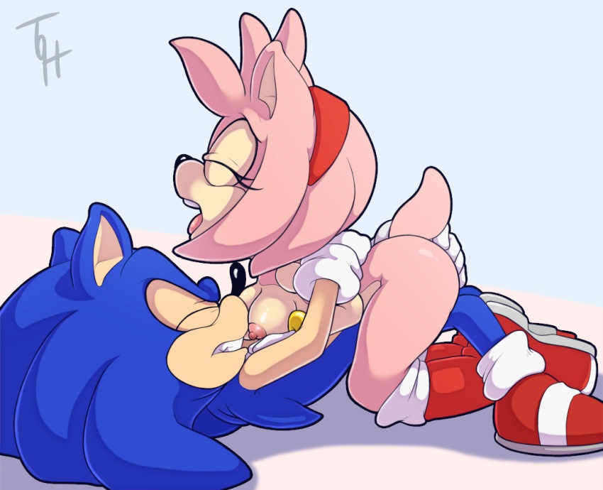 1boy, 1girls, amy rose, areolae, clenched teeth, closed eyes, cowgirl position, female, hedgehog, implied anal fingering, implied anal penetration, male, naked, naked footwear, nipples, nude, open mouth, penetration, pink fur, pink hair, sex, sonic (series), sonic the hedgehog, sonic the hedgehog (series), straight, the other half