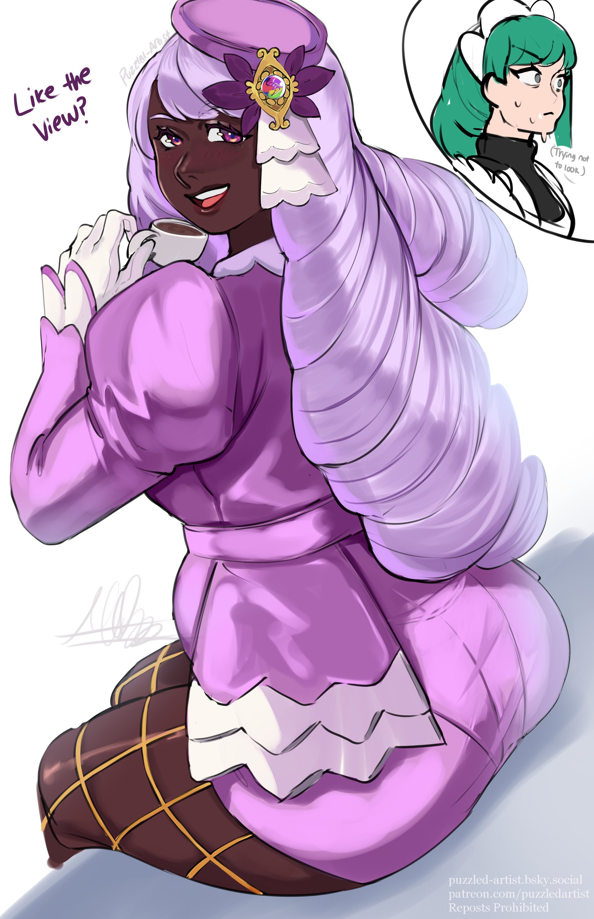 2girls, ass, big ass, dark skin, dark-skinned female, dress, drill hair, female, female only, game freak, green eyes, green hair, hair ornament, harujio (pokemon), jacinthe (pokemon), lebanne (pokemon), light skin, light-skinned female, lipstick, long hair, looking at viewer, makeup, multiple females, multiple girls, nintendo, pokemon, pokemon legends: z-a, purple hair, puzzled artist, thick thighs, twin drills, yukari (pokemon), yuri