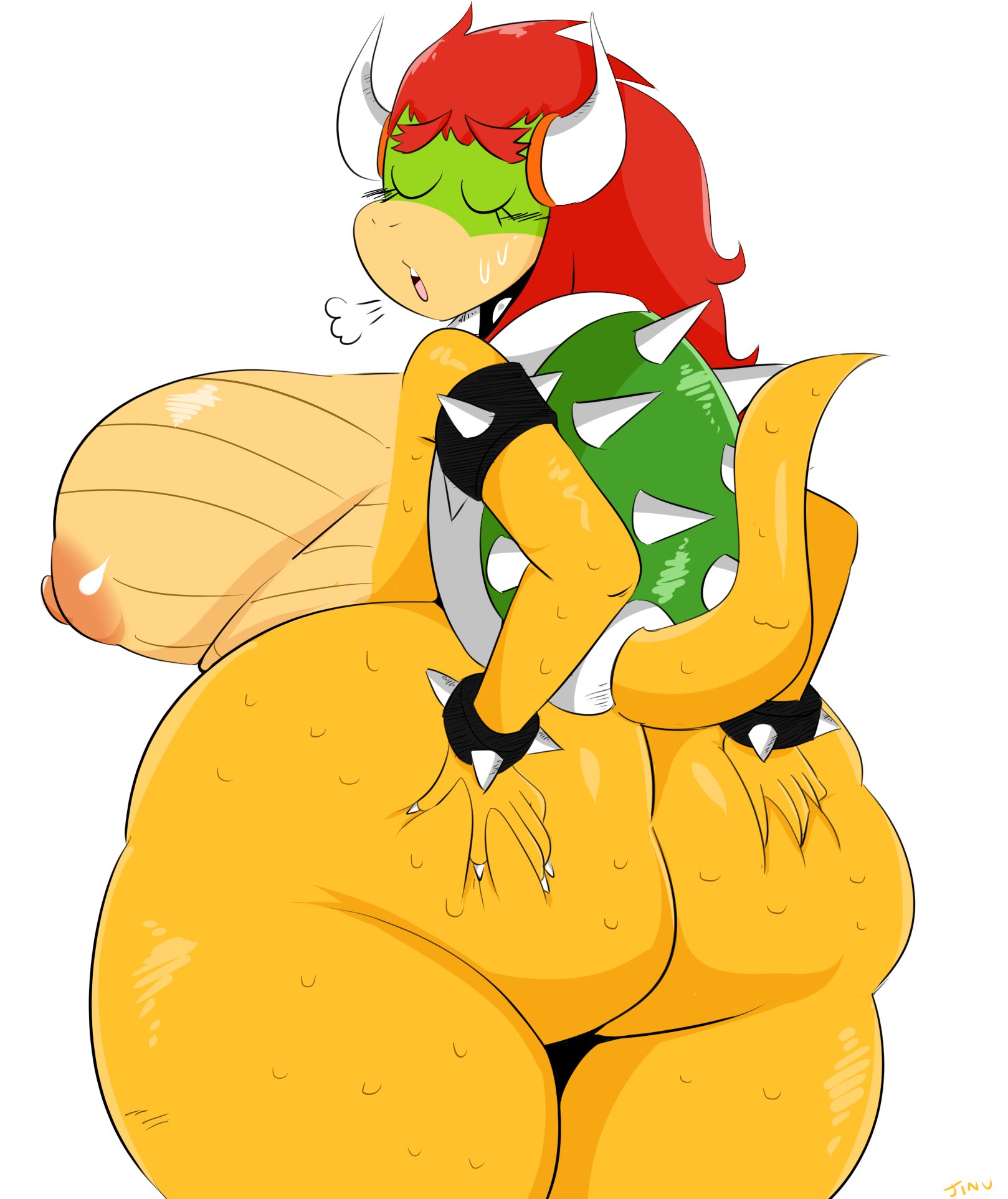 anthro, areola, ass, bowser, breasts, closed eyes, female, female bowser, furry, horn, horns, jinu, mario, mario (series), nintendo, nipples, red hair, rule 63, tagme, tail, white background