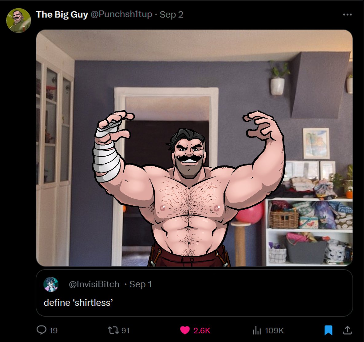 bara, chest hair, dispatch (game), dr1llbit, dwarf, dwarf male, dwarfism, hairy, hairy chest, male, male focus, male only, moustache, muscular, muscular male, no visible genitalia, punch up (dispatch), solo male, twitter