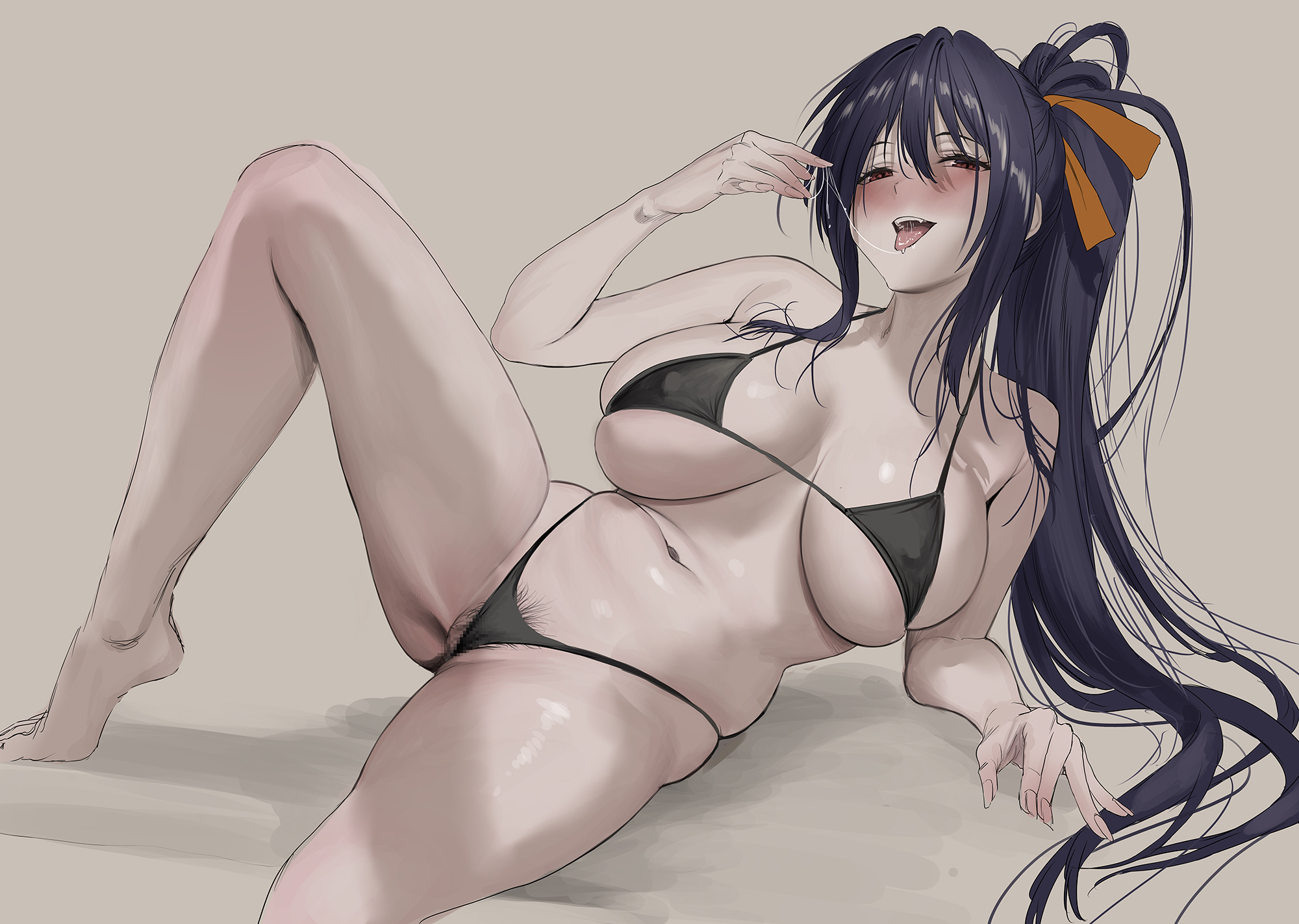 akeno himejima, bikini, black bikini, black hair, breasts, breasts apart, brown background, female, female pubic hair, hair ribbon, hair up, high ponytail, high school dxd, highleg, highleg bikini, highres, himejima akeno, janggun, jeneral, knee up, large breasts, long hair, looking at viewer, lying, navel, on side, open mouth, orange ribbon, ponytail, pubic hair, pubic hair peek, purple eyes, ribbon, saliva, smile, solo, swimsuit, very long hair