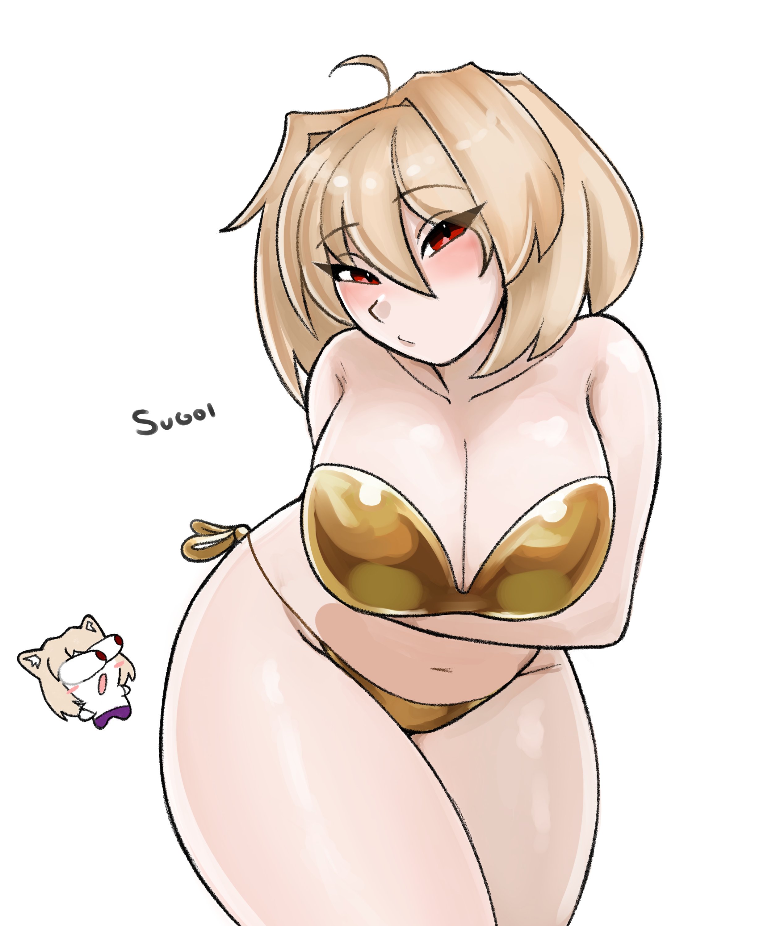 1girls, ahoge, arcueid brunestud, bedroom eyes, bikini, blonde hair, blush, cleavage, gold bikini, golden bikini, hair between eyes, hair intakes, huge breasts, looking at viewer, pressing breasts together, red eyes, short hair, squeezing breast, squeezing breasts together, sugoiiii , swimsuit, thick thighs, thighs, tsukihime, wide hips