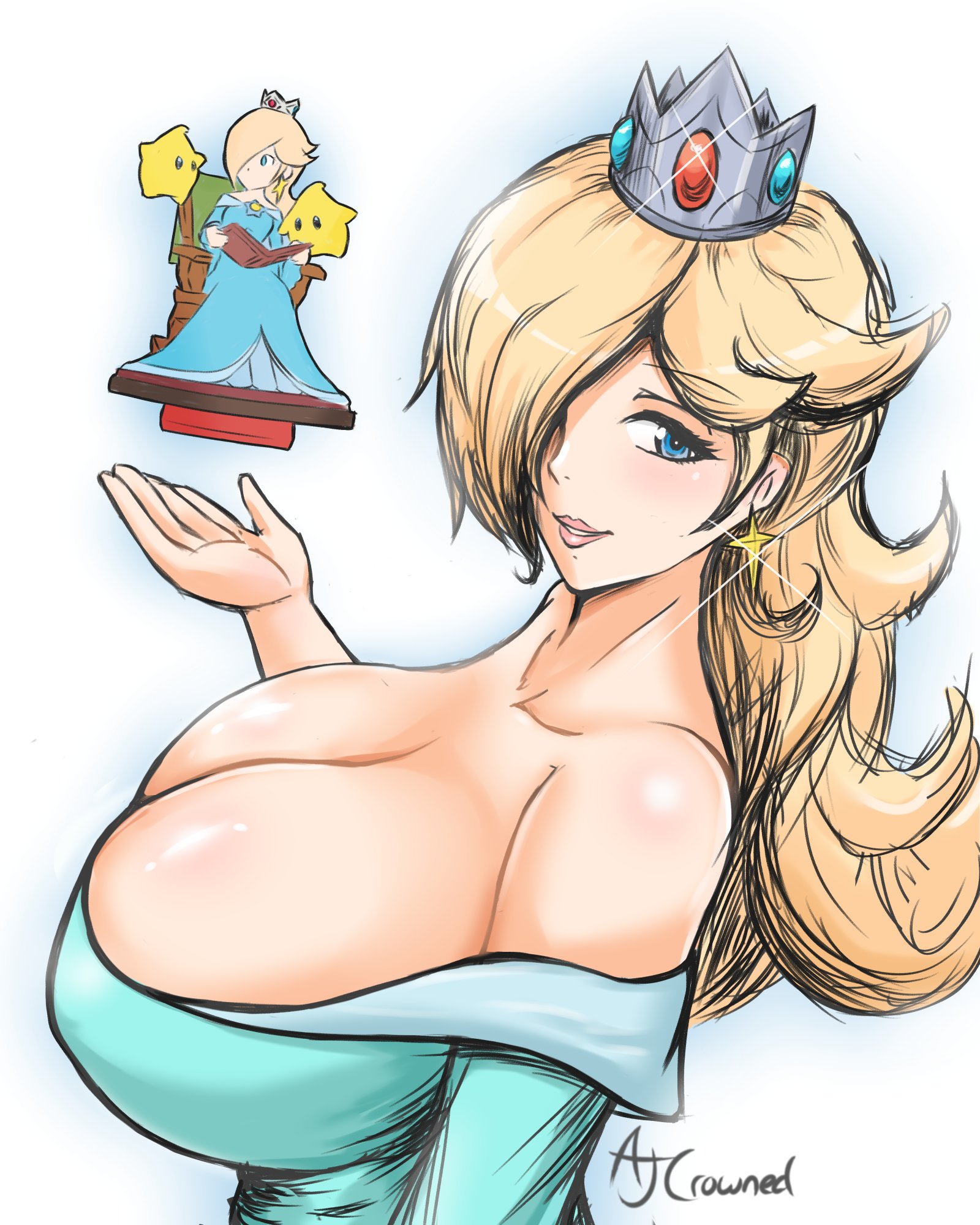1girls, ajcrowned, aqua dress, artist name, bare shoulders, big breasts, blonde hair, blue eyes, breasts, cleavage, crown, dress, earrings, female, female only, hair over one eye, huge breasts, jewelry, lips, long hair, looking at viewer, mario (series), nintendo, off-shoulder dress, princess rosalina, star (symbol), star earrings, super mario galaxy