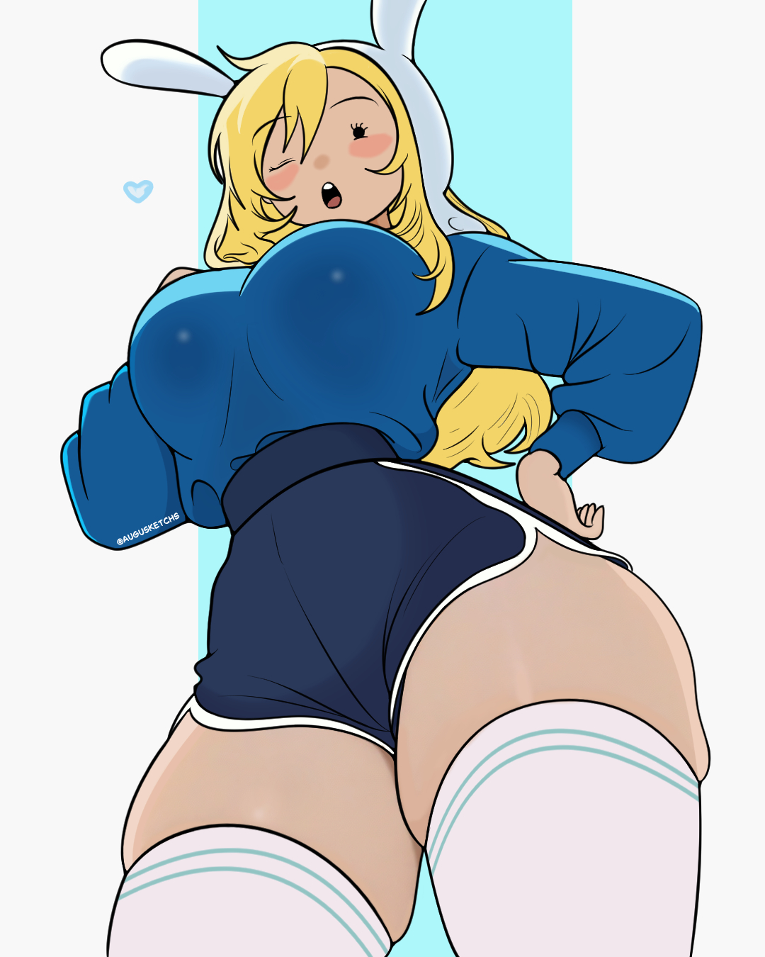 1girls, adventure time, animal ears, augusketchs, big breasts, blonde hair, breasts, bunny ears, closed eyes, dolphin shorts, female, female only, fionna and cake, fionna campbell, fionna the human girl, from below, hood, large breasts, long hair, open mouth, shorts, solo, striped, thick thighs, thighhighs, thighs, white legwear