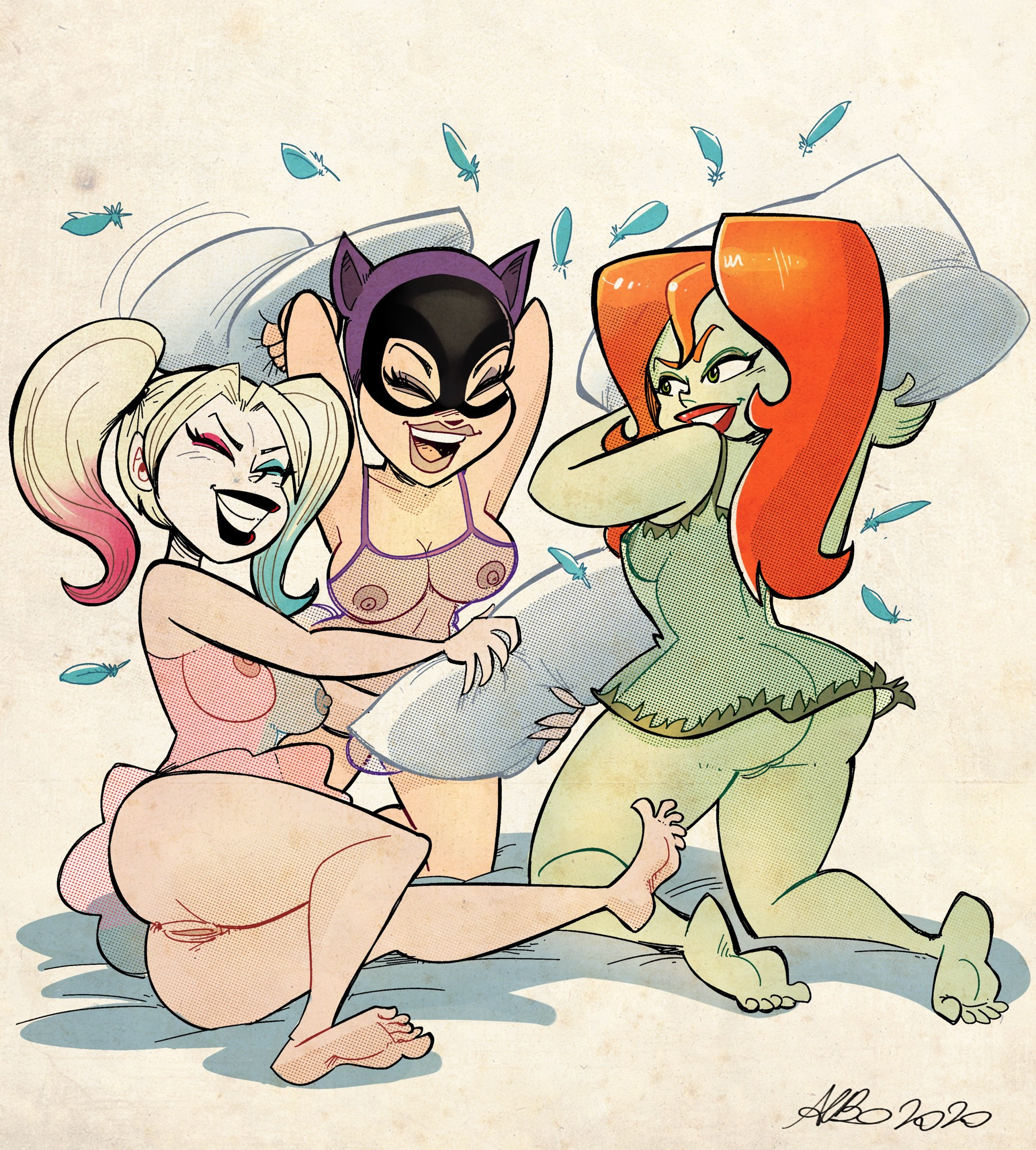 2d, 3girls, alboart, anus, artist signature, ass, babydoll, barefoot, batman (series), big breasts, blonde hair, breasts, catwoman, closed eyes, color, dc, dc comics, female, female only, gown, harley quinn, multicolored hair, multiple females, multiple girls, nipples, open mouth, pillow fight, poison ivy, pussy, red hair, smile, translucent clothing, twintails, villain, villainess