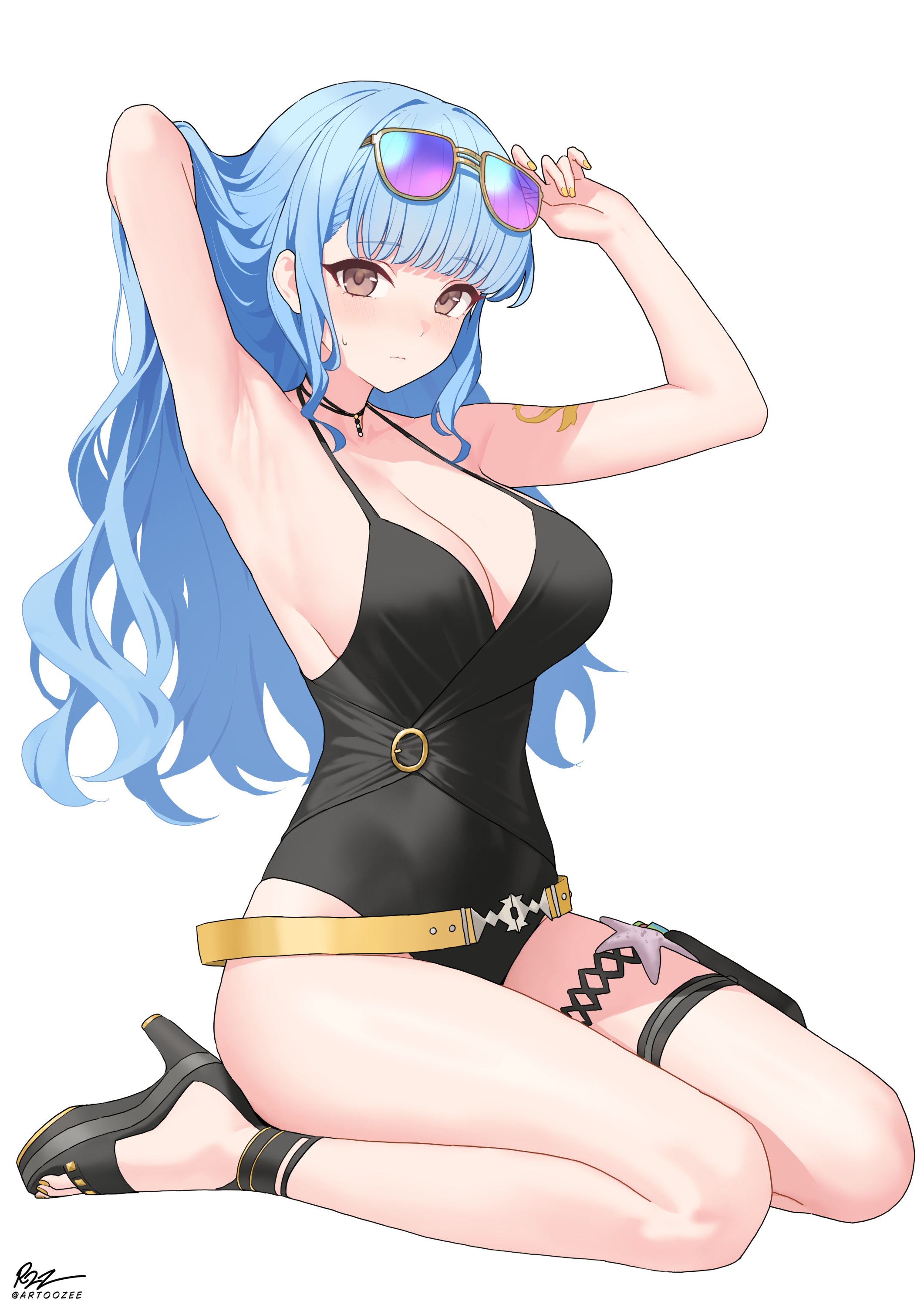1girls, absurdres, alternate costume, arm behind head, armpits, arms up, bare arms, bare legs, bare shoulders, belt, black one-piece swimsuit, black sandals, blue hair, breasts, brown eyes, cleavage, closed mouth, commentary, commission, cosplay, dhokidoki, english commentary, eyewear on head, female, female only, fire emblem, fire emblem warriors: three hopes, fire emblem: three houses, gold ship (run revolt launcher) (umamusume), gold ship (umamusume) (cosplay), high heels, highres, kneeling, large breasts, long hair, looking at viewer, loose belt, marianne von edmund, nail polish, nintendo, official alternate hairstyle, one-piece swimsuit, sandals, simple background, solo, spaghetti strap, sunglasses, swimsuit, thigh strap, thighs, toenail polish, toenails, toes, umamusume, umamusume pretty derby, wavy hair, white background, yellow nails