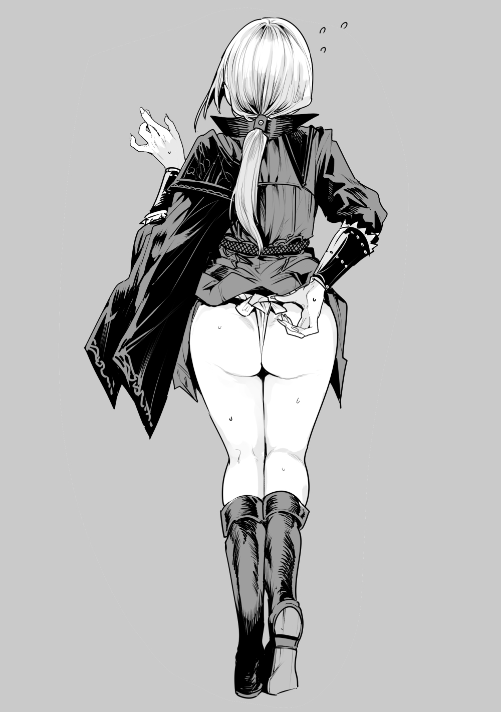 1girls, ass, big breasts, big butt, blindfold, blindfolded, blush, duchess (elden ring), duchess (nightreign), elden ring, elden ring nightreign, embarrassed, female, female only, fromsoftware, fundoshi, hips, large ass, large butt, legs, lifting skirt, monochrome, nakasone haiji, nervous, panties, partially clothed, shy, skirt lift, skirt up, sweat, sweating, sweaty, sweaty legs, thick, thighs, uncolored, underwear