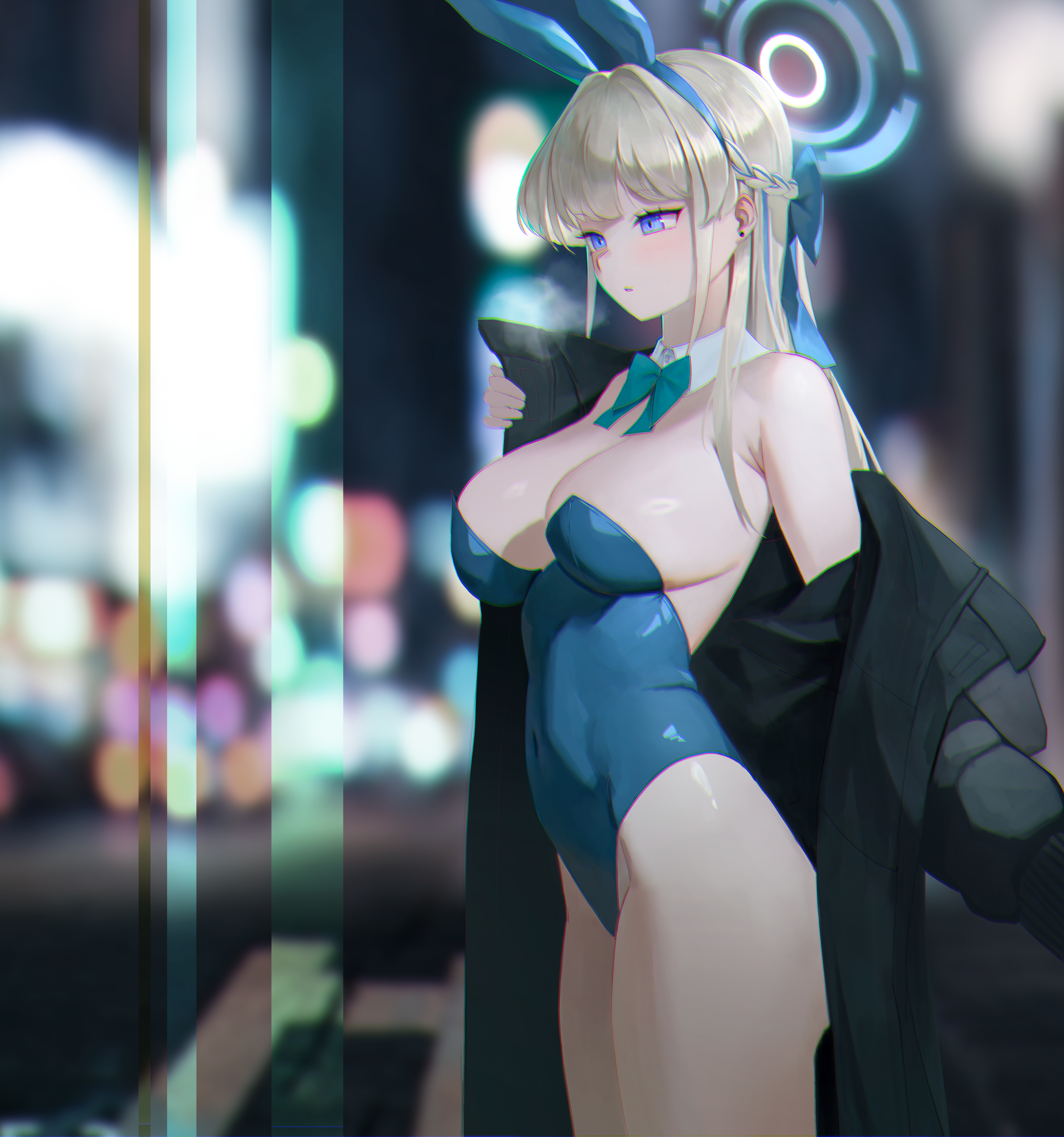 absurdres, alternate breast size, animal ears, bare shoulders, blonde hair, blue archive, blue bow, blue eyes, blue hairband, blue halo, blue leotard, bow, bowtie, braid, breasts, covered navel, detached collar, fake animal ears, female, female only, from side, hairband, halo, highleg, highleg leotard, highres, korean commentary, large breasts, leotard, long hair, midfinger, official alternate costume, official alternate hairstyle, parted lips, rabbit ears, thighs, toki (blue archive), toki (bunny) (blue archive), very long hair, wrist cuffs