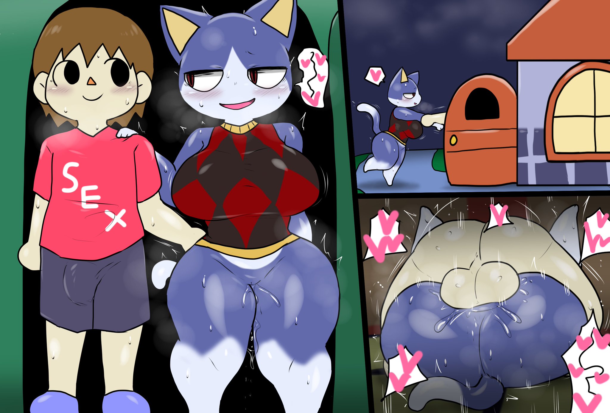 1boy, 1boy1girl, 1girls, 2025, 2025s, animal crossing, animal crossing new leaf, anthro, anthro female, anthrofied, anthrofied female, balls, ballsack, blue body, blue fur, blush, blushing female, blushing male, blushing profusely, breasts, brown hair, cat, cat ears, cat girl, cat humanoid, cat tail, catgirl, clothed, clothing, cloud, clouds, color, colored, crossgender, domestic cat, enigi09, felid, feline, felis, female, female anthro, female humanoid, fur, furry, furry female, genderswap, genderswap (mtf), genital fluids, hair, hand on ass, hand on butt, hand on shoulder, heart, heart-shaped pupils, hi res, highres, horny, horny female, horny male, house, human, humanoid, looking each other, male, male human, male human/female humanoid, male/female, mating press, mtf crossgender, multicolored body, multicolored fur, night, nintendo, pants, penis, penis visible through pants, pussy, pussy juice, pussy juice drip, pussy juice string, pussy juice trail, rover (animal crossing), rule 63, rule63, sex, shirt, smile, smiley face, smiling, smiling at partner, smoke, smoke all around, smoke all over the body, smoke from mouth, tail, text, text on clothing, thick, thick ass, thick butt, thick legs, thick thighs, thighs, tremble, tremble lines, tremble spikes, trembling, trembling legs, trembling lines, video game, video game character, video games, villager (animal crossing)