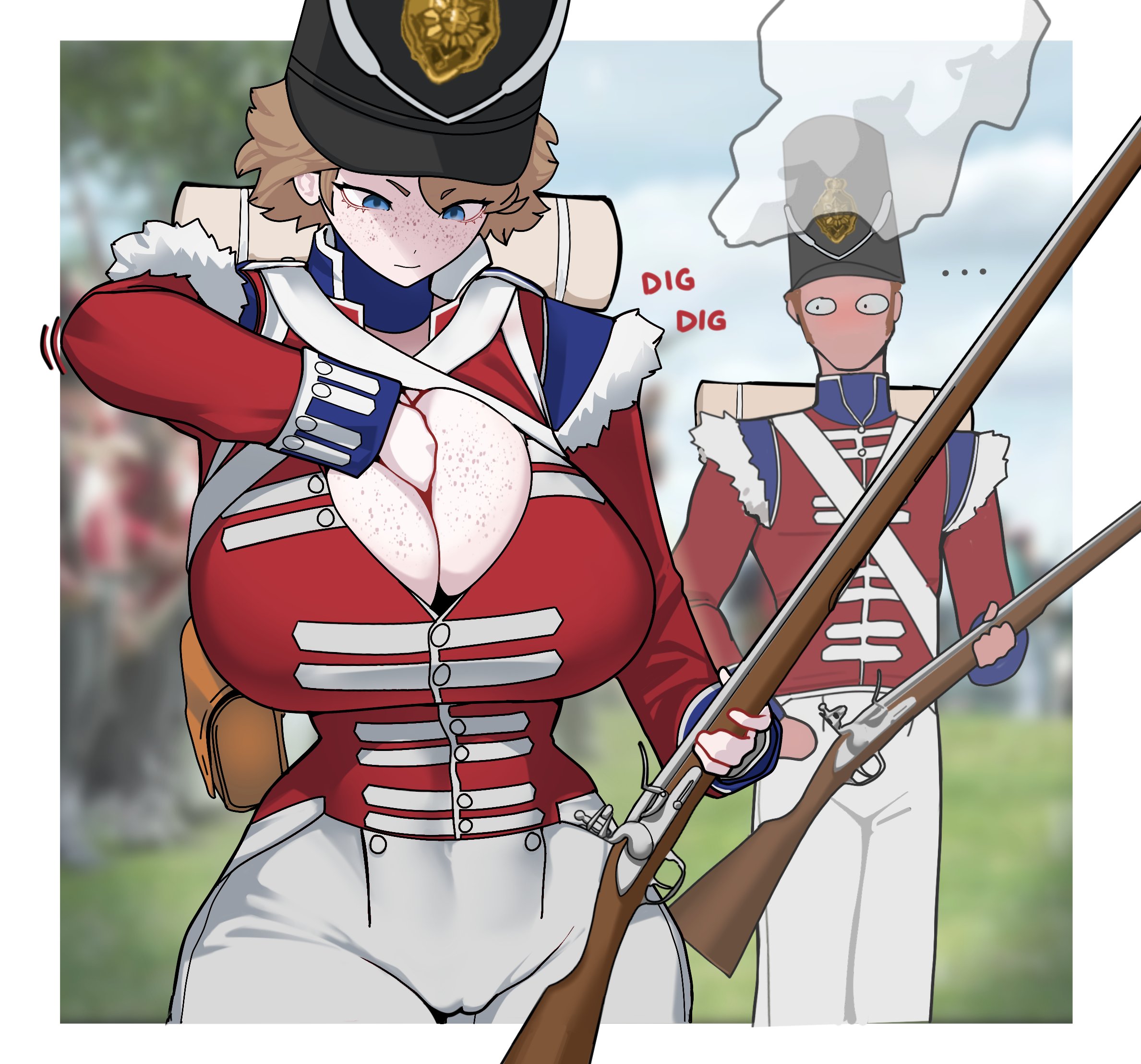 1girls, big breasts, breasts, busty, coldstream (marinerx), female, female only, gun, huge breasts, large breasts, light skin, light-skinned female, marinerx, massive breasts, shooting, soldier, trooper, weapon