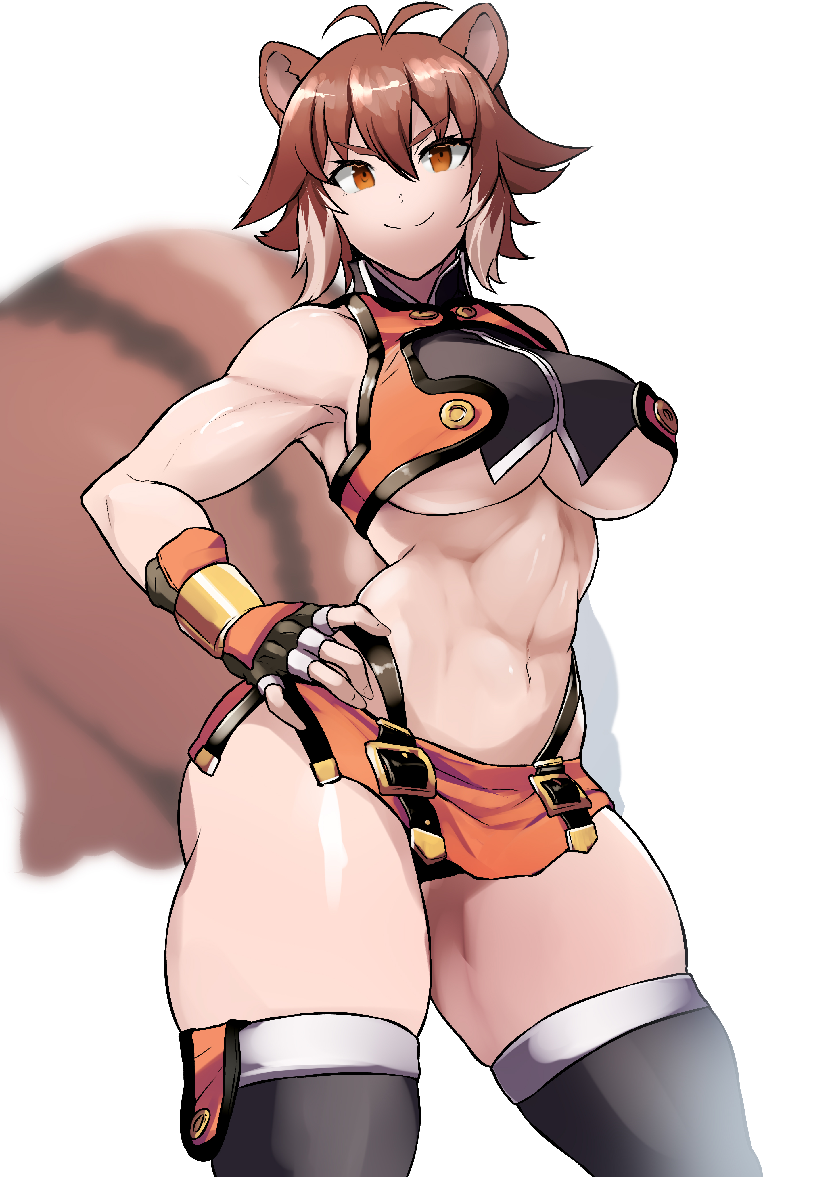 1girls, absurdres, animal ears, antenna hair, black gloves, blazblue, breasts, brown eyes, brown hair, closed mouth, crop top, female, female only, gloves, hand on own hip, highleg, highleg panties, highres, large breasts, makoto nanaya, microskirt, midriff, miniskirt, multicolored hair, navel, orange skirt, panties, revealing clothes, short hair, simple background, skirt, smile, sowel (sk3), squirrel ears, squirrel girl, squirrel tail, sweat, tail, thighhighs, two-tone hair, underboob, underwear, white background