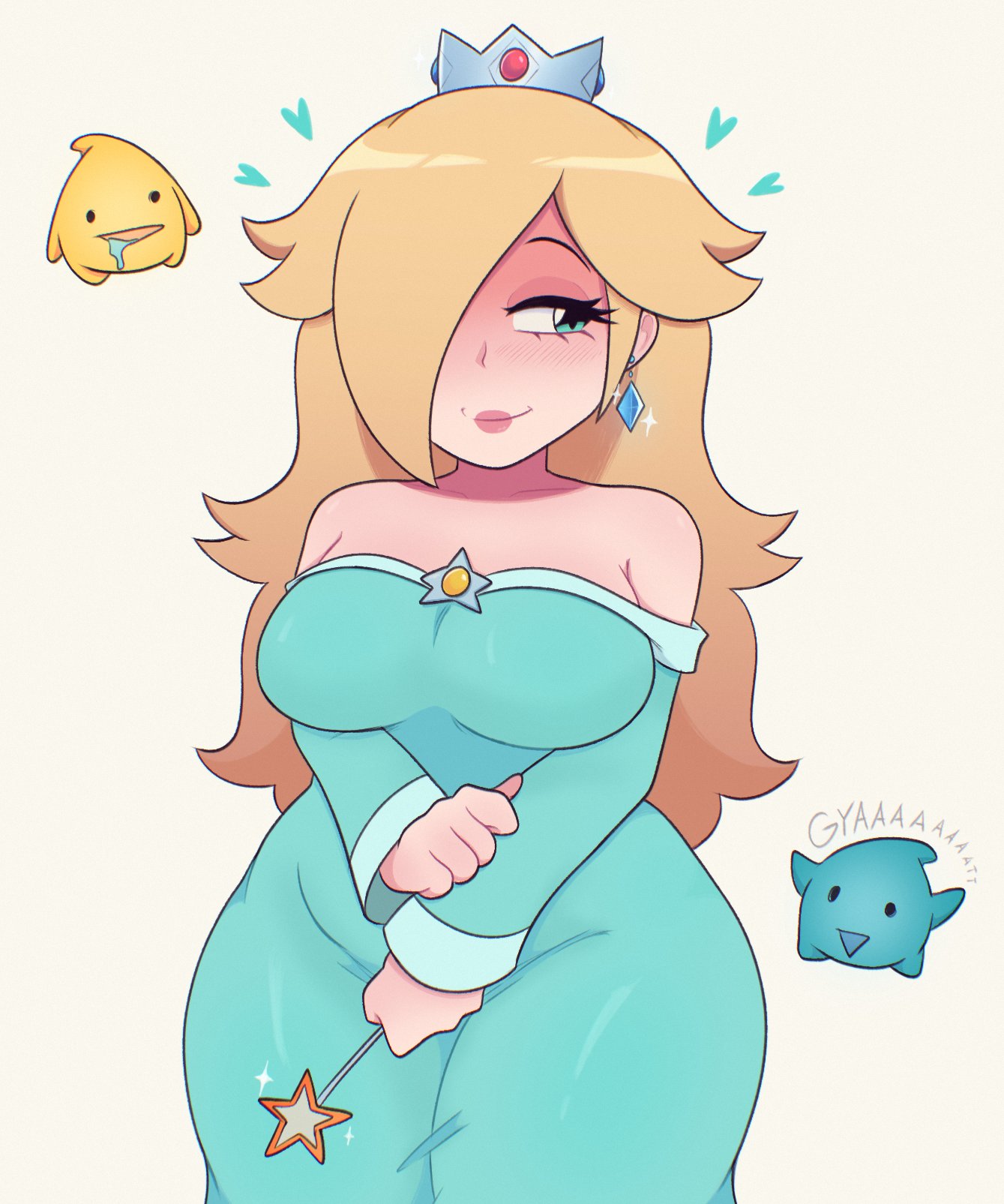 1girls, 5 fingers, aqua dress, bare shoulders, big ass, big breasts, blonde hair, blue dress, blush, breasts, crown, cute, dress, drewmang, drool, drooling, earrings, female, female only, hair over one eye, heart, jewelry, jpeg, lips, long hair, looking at viewer, luma, mario (series), nintendo, off shoulder, off-shoulder dress, princess rosalina, smile, star (symbol), star earrings, striped, striped background, super mario galaxy, wand