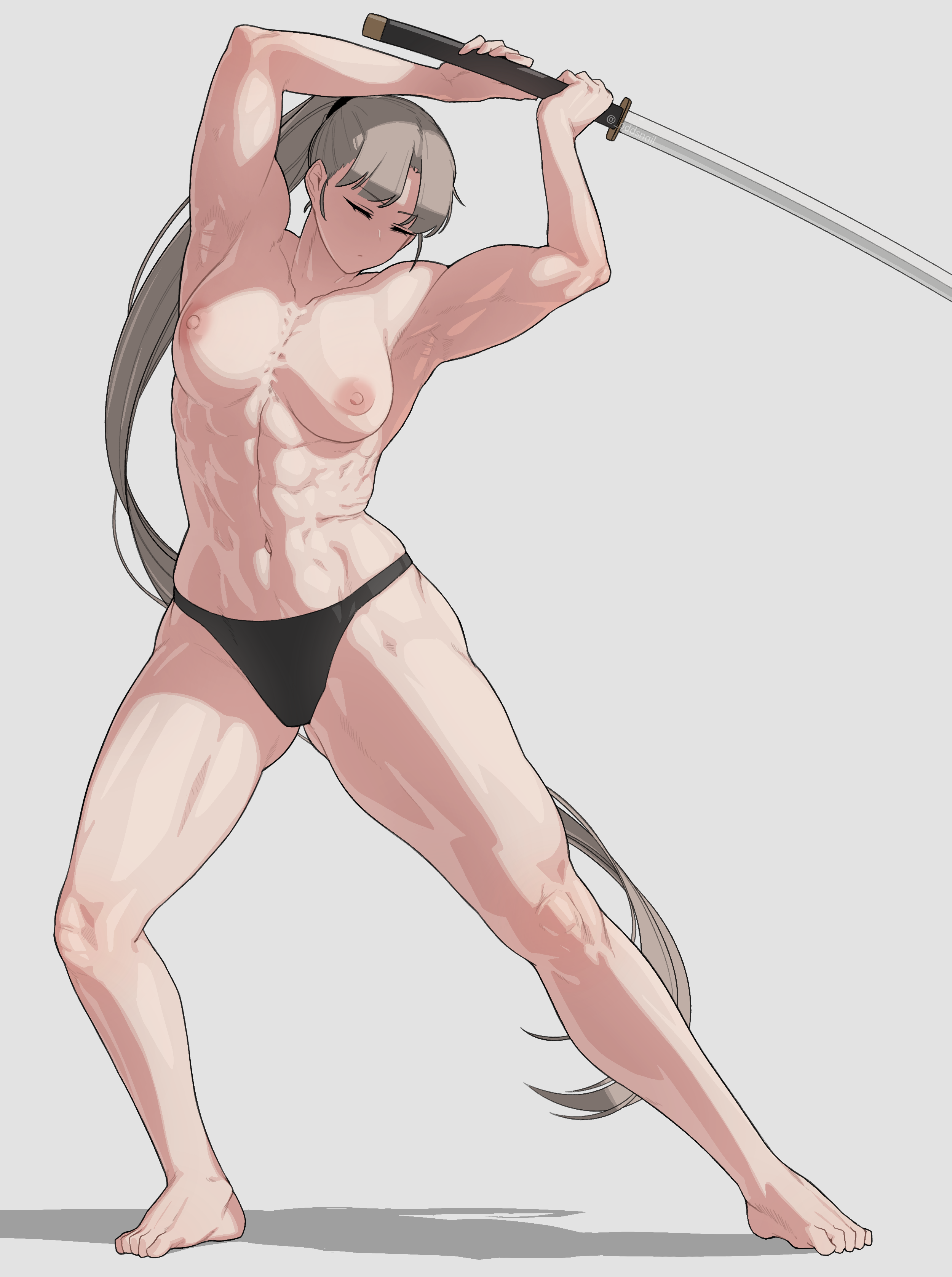 abs, big breasts, breasts, casual, clavicle, clothing, eyes closed, female, human, katana, meditation, medium breasts, mostly nude, muscles, muscular, muscular female, navel, nipples, nonsexual, nonsexual nudity, oddsnail, pale skin, panties, ponytail, realistic breast size, stance, sword, tan nipples, topless, topless female, weapon