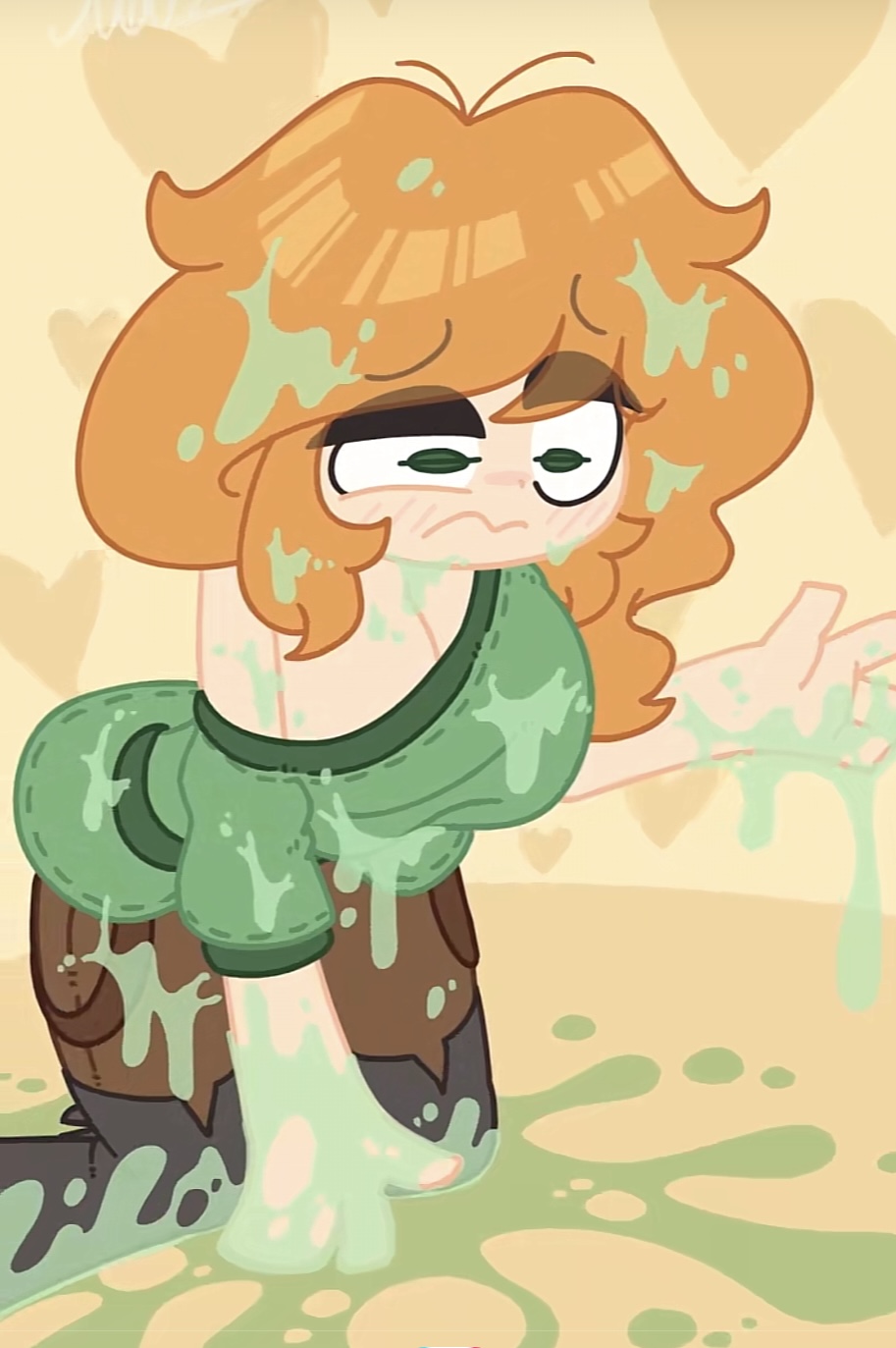 1girls, alex (minecraft), big breasts, matz (pixiv), matz0306, minecraft, on knees, slime, slime (substance), slime milking, slime monster, slime on body, source request, squinted eyes, unhappy, unhappy female