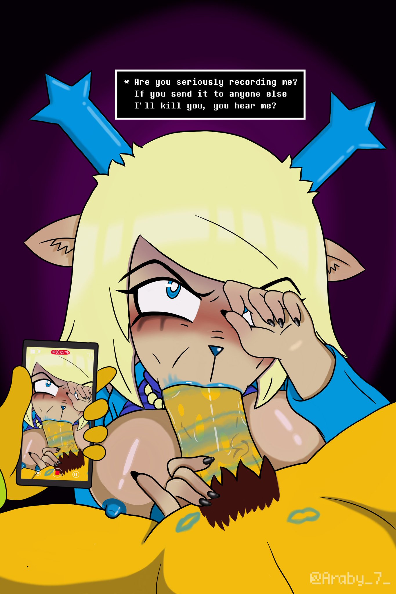 1boy, 1girls, angry, angry expression, angry fellatio, angry sex, araby, blowjob, blue antlers, blue eyes, blue lipstick, blue lipstick mark, blue lipstick mark on penis, carol holiday, covering face, deer, deer girl, deltarune, dialogue, female, image set, kris (deltarune), lipstick, lipstick mark, lipstick on penis, lipstick ring, male, milf, nasolabial folds, older female, penis, recording, recording on phone, ruined makeup, running mascara, runny makeup, undertale, undertale (series)