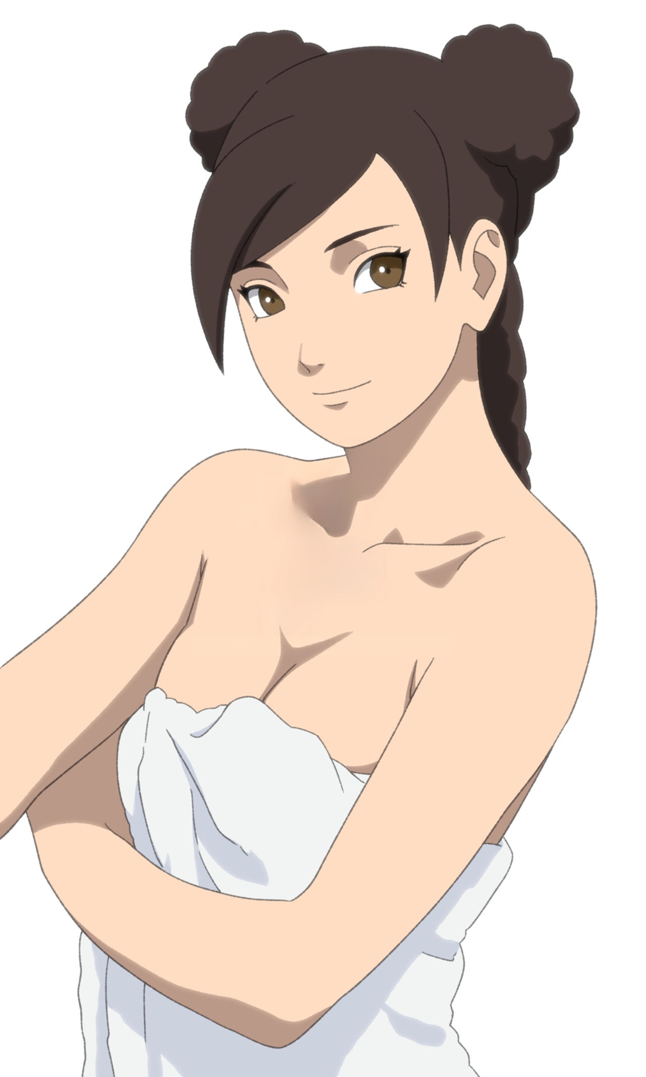 1girls, ai generated, blush, braid, braided ponytail, breasts, double bun, female, female only, half naked, kiripetals, looking at viewer, milf, naruto, naruto (series), naruto: the last, perfect body, pinup, plain background, showing breasts, simple background, smile, smiling at viewer, smirk, smirking at viewer, solo, sweaty body, swept bangs, tenten, tied hair, towel, towel only, twin buns, upper body, wet, wet body, white background