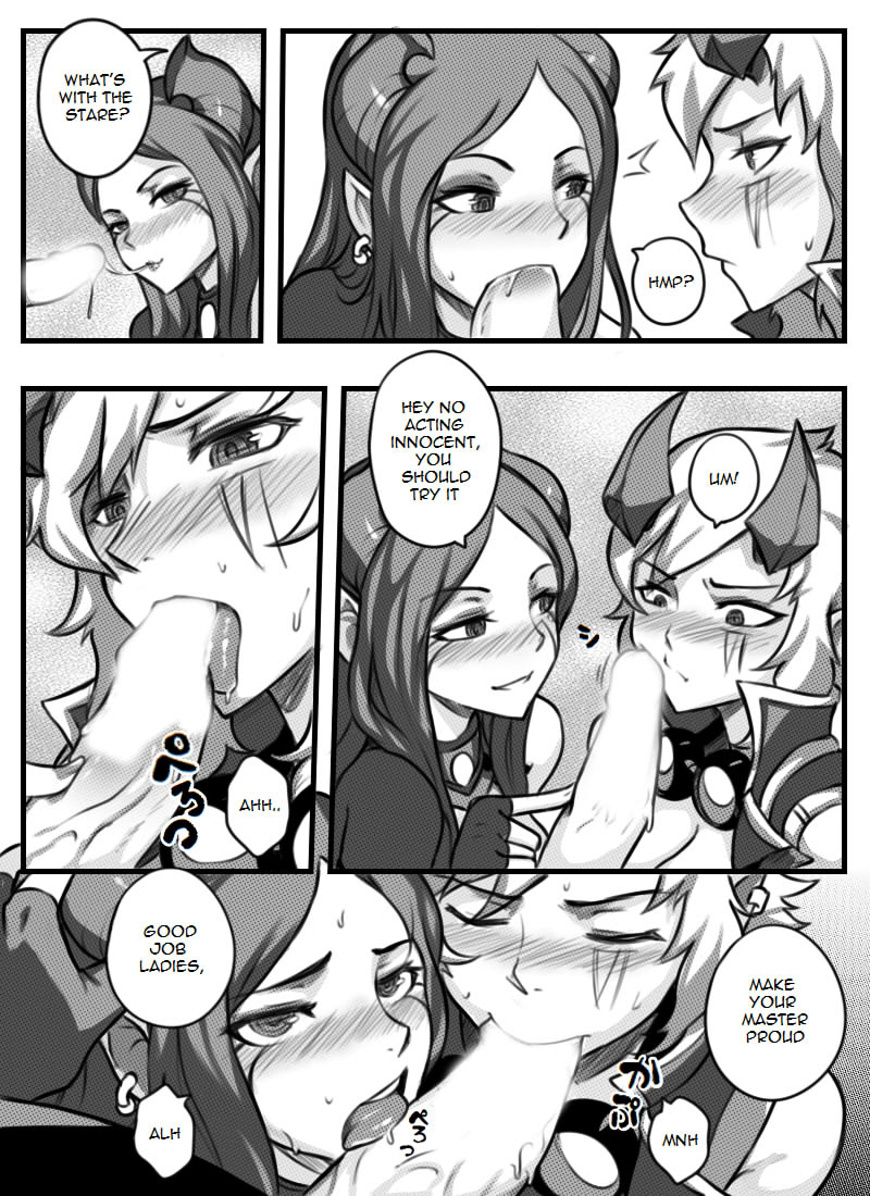 blush breasts caitlyn_kiramman canon_couple comic demon_girl demon_vi english_text erection fellatio forced forsaken_jayce greyscale group_sex jayce_talis large_breasts league_of_legends licking licking_penis monochrome nipples nude oral penis rape saliva sex sieyarelow speech_bubble sucking tongue tongue_out vi