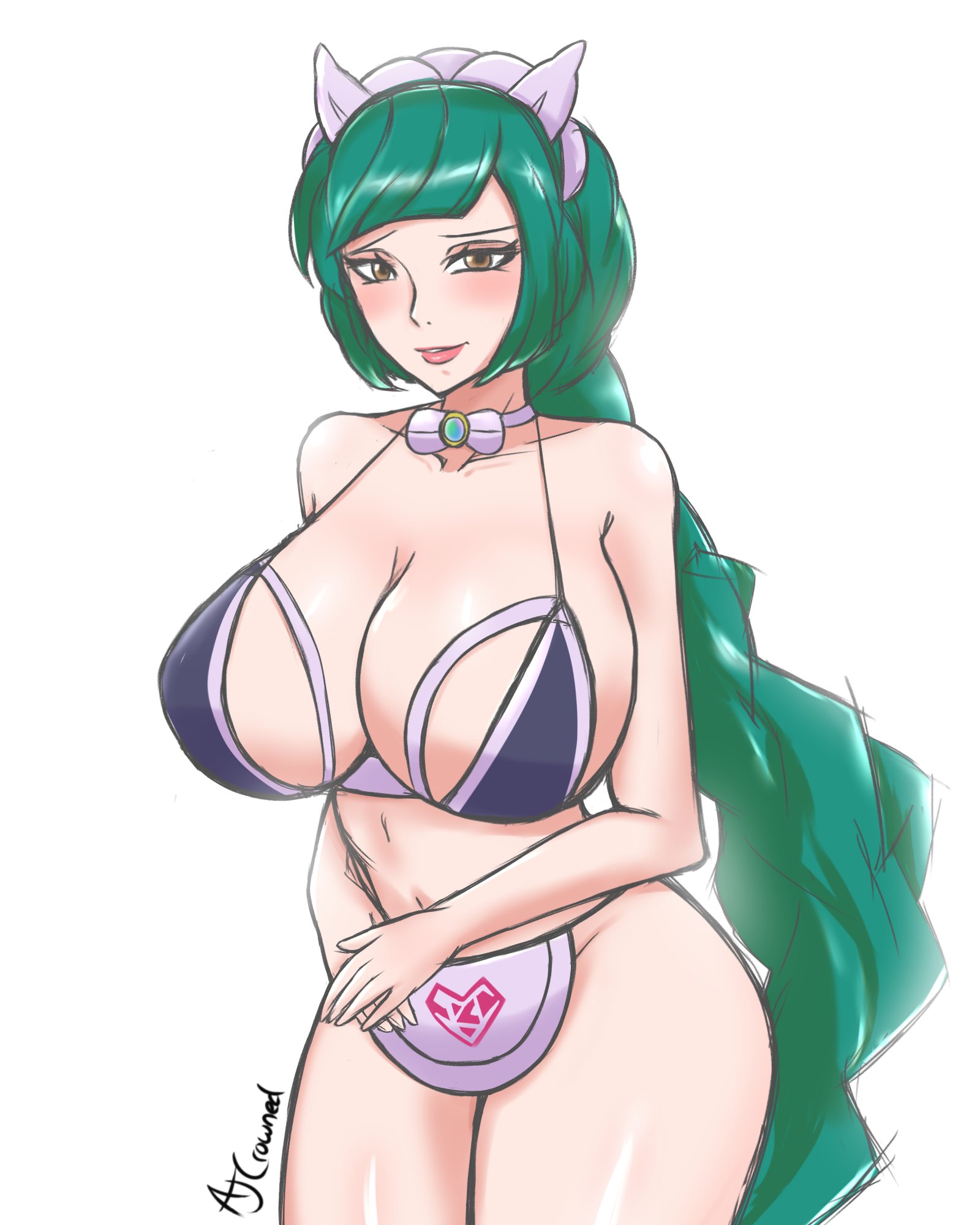 1girls, ajcrowned, big breasts, bikini, blush, breasts, brown eyes, cleavage, female, female only, game freak, green hair, harujio (pokemon), huge breasts, lebanne (pokemon), long hair, looking at viewer, navel, nintendo, pokemon, pokemon legends: z-a, solo