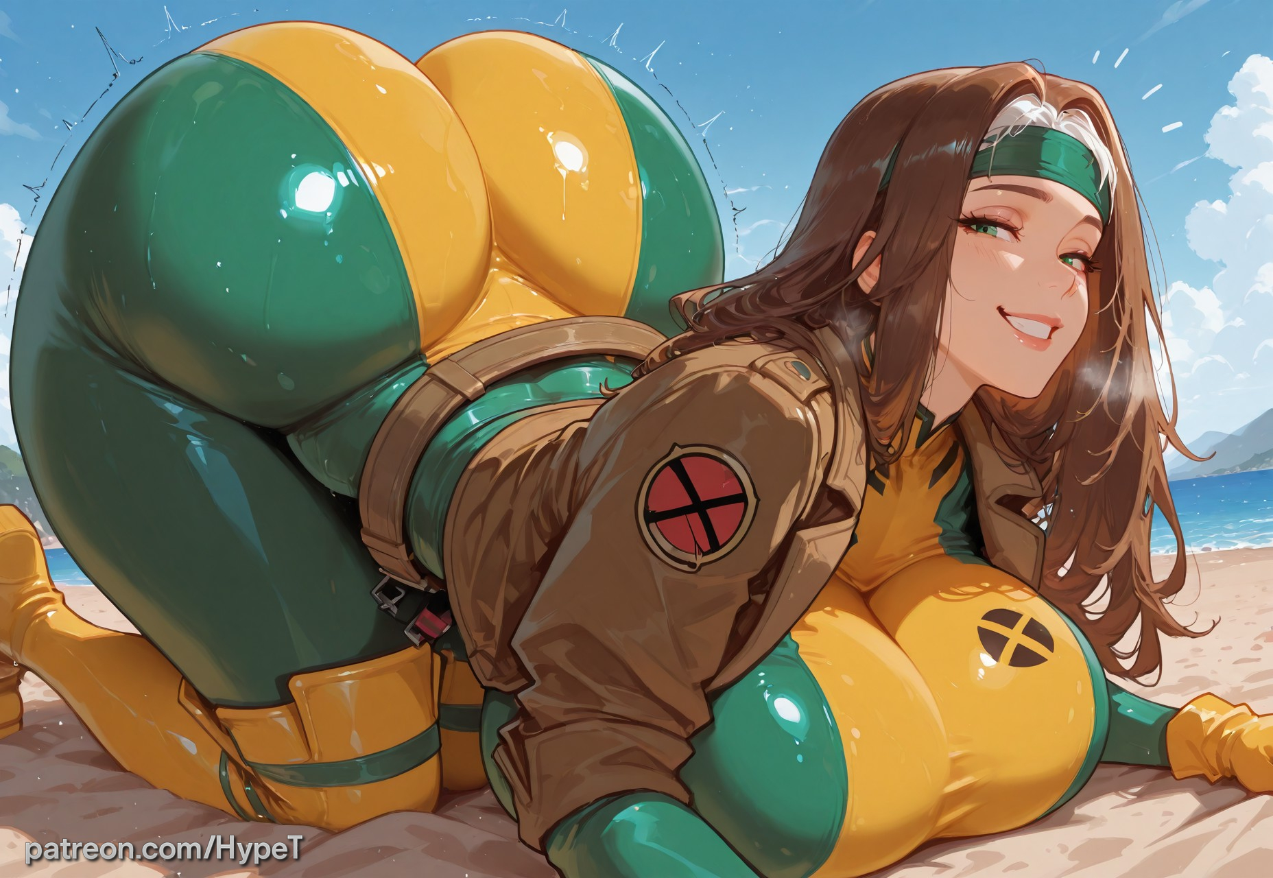 1girls, ai generated, alternate version at source, ass, ass focus, ass up, beach, big ass, big breasts, big butt, bodysuit, breasts, brown hair, fat ass, female, female only, green eyes, heroine, huge ass, huge breasts, hypet, light-skinned female, long hair, marvel, marvel comics, outside, rogue (x-men), shiny, shiny skin, solo, steam, suit, superheroine, tagme, thick, thick ass, thick hips, thick thighs, thighs, tight clothing