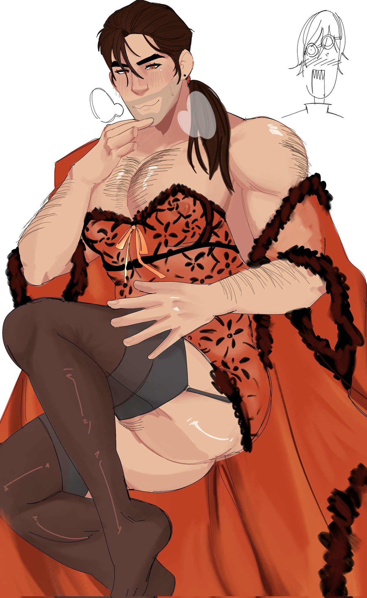 black hair, blush, dispatch (game), earrings, flambae, hairy arms, hairy chest, lingerie, long hair, male, male focus, male only, muscles, red lingerie, shocked, splindoraa, thicc thighs, thighhighs, waterboy (dispatch)