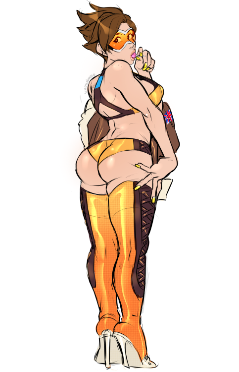 big_ass bimbo boyshorts brown_hair eyewear hand_on_thigh high_heels lollipop looking_back orangekissess overwatch panties short_hair standing thick_thighs thighhighs tracer