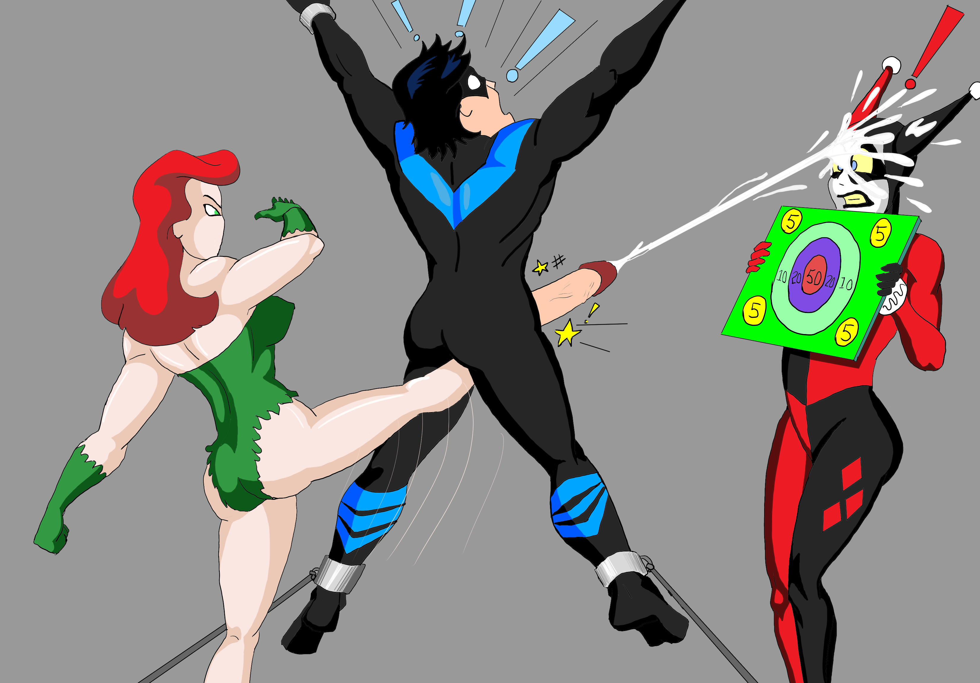 1boy, 2girls, ballbusting, balls, barefoot, batman (series), batman: the animated series, big penis, bodysuit, bondage, captured, cfnm, cock and ball torture, cock and balls torture, commission, crotch kick, cum, cum on face, cumshot, dc, dc comics, dcau, dick grayson, domination, exclamation point, facial, female, femdom, forced, forced orgasm, harley quinn, harley quinn (classic), harley quinn (series), kick, male, nightwing, penis, poison ivy, poison ivy (dcau), request, restrained, straight, superblast, superhero costume, unexpected ending, unwanted cumshot