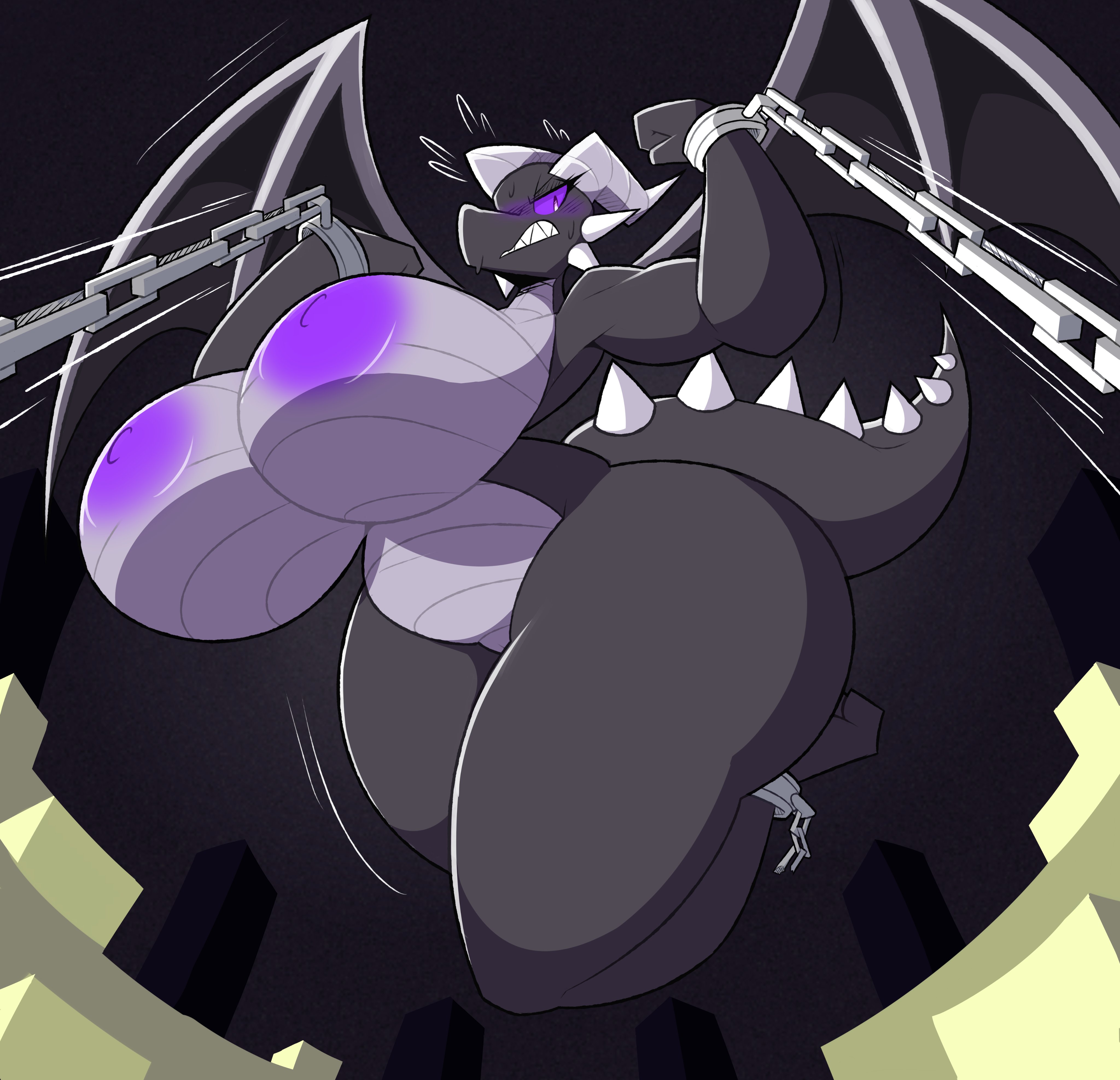 absurd res, anthro, areola, big breasts, black body, black scales, breasts, chained, chains, cuff (restraint), dragon, ender dragon, female, hi res, horn, huge breasts, jean (minecraft), microsoft, minecraft, mojang, mythological creature, mythological scalie, mythology, nipples, nonarycubed, nude, purple areola, purple eyes, purple nipples, restraints, scales, scalie, solo, tail, the end (minecraft), thick thighs, wide hips, wings, xbox game studios