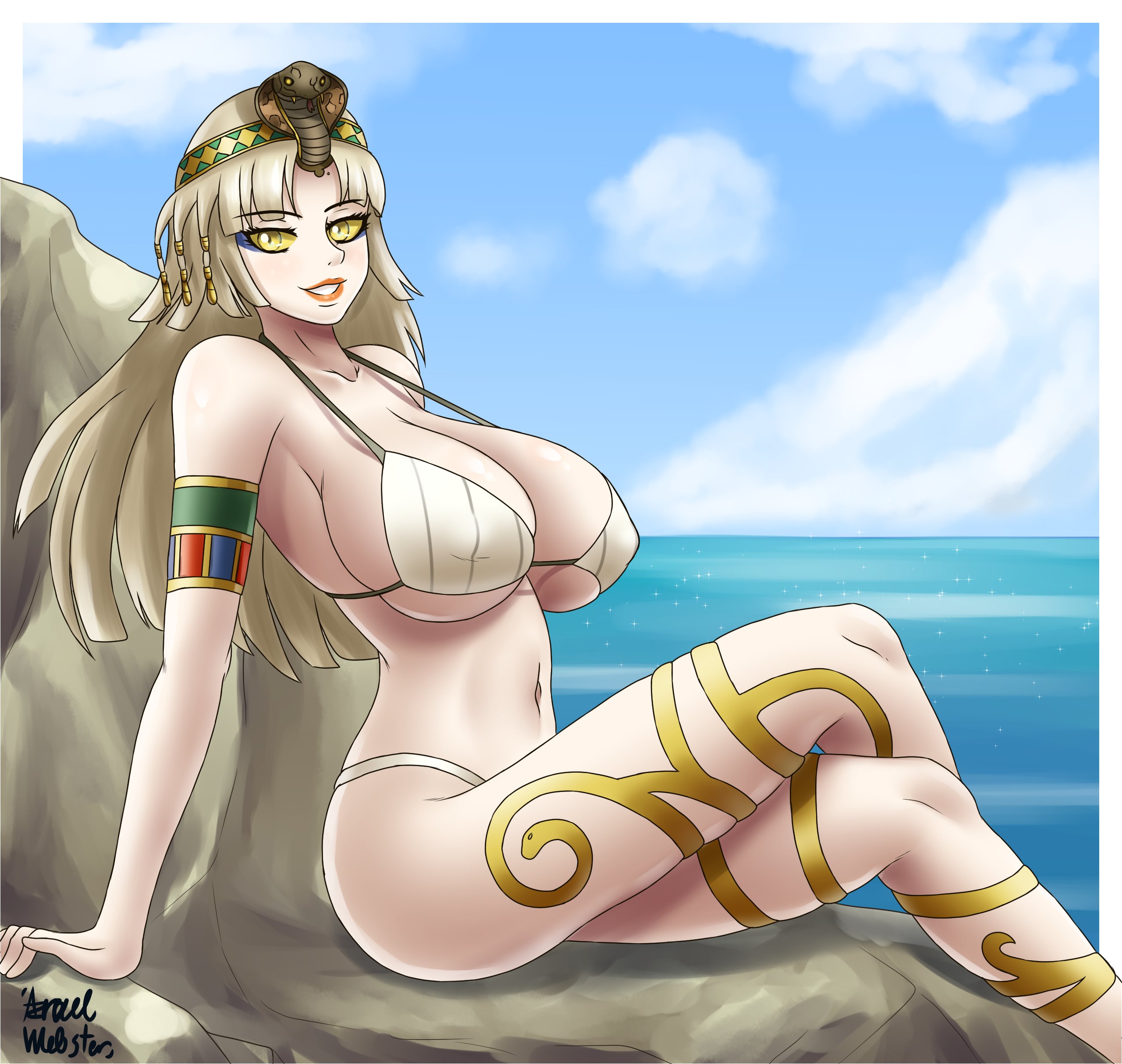 1girls, ass, azraelwebster, big breasts, bikini, blonde hair, blue sky, breasts, cleavage, cleopatra (megami tensei), cloud, female, female only, hair ornament, huge breasts, large breasts, long hair, looking at viewer, megami tensei, ocean, shin megami tensei, shin megami tensei v, sky, smile, swimsuit, water, yellow eyes, yellow sclera