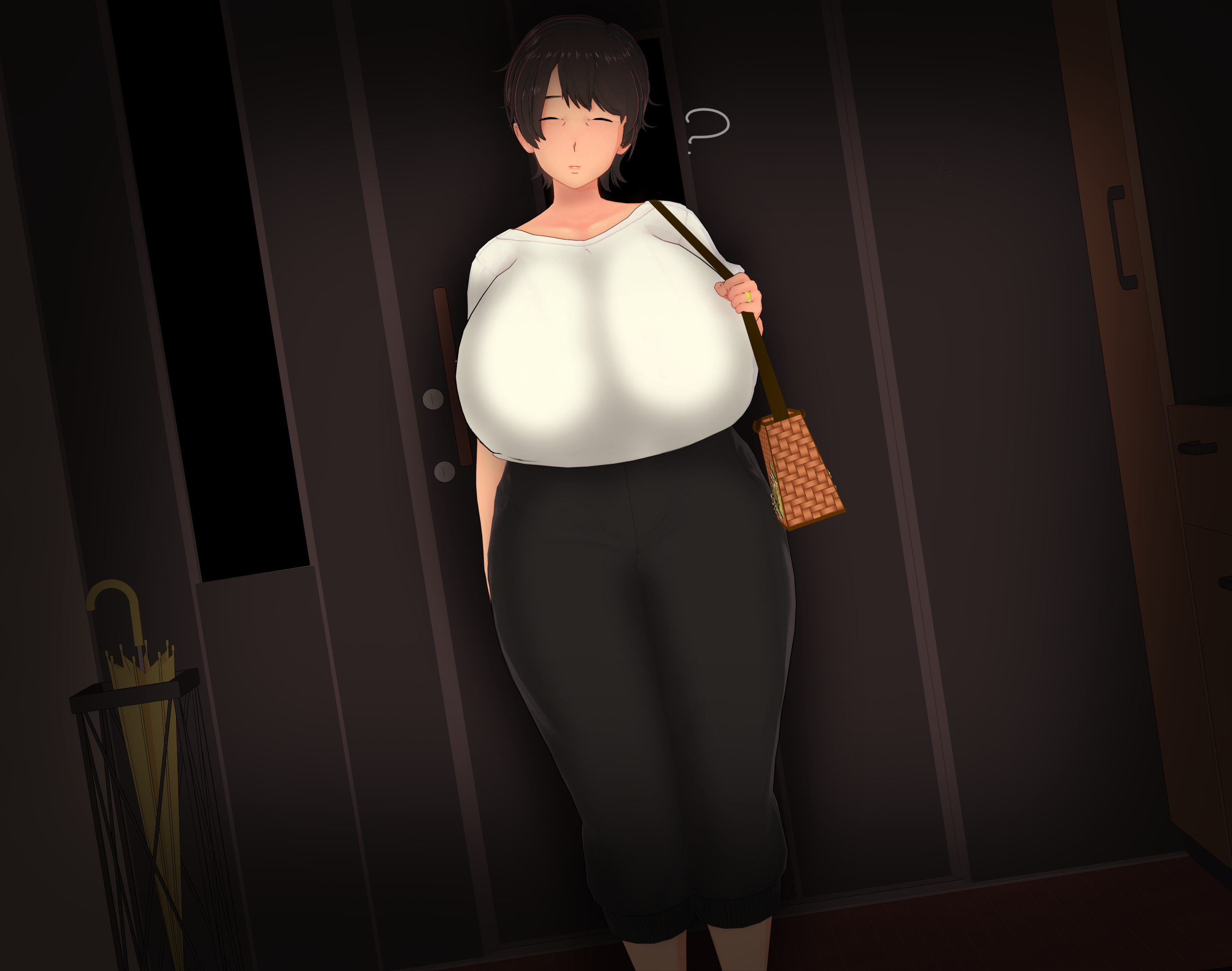 :o, ?, 1girls, 3d, absurd res, absurdres, bag, big breasts, breasts, brown hair, cheating, cheating wife, closed eyes, cuckold, cuckold pov, dialogue, female, full body, hi res, high resolution, highres, indoors, married female, mature, mature female, milf, netorare, ntr, open mouth, original, shoulder bag, smile, vyrus smith, yaeko tanaka (vyrus smith)