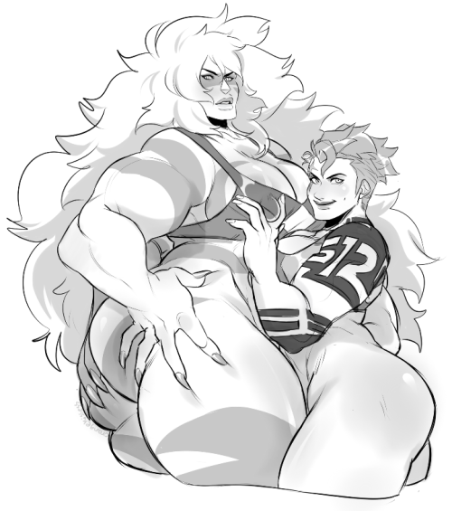 2d 2girls ass big_ass big_breasts big_hair blizzard_entertainment breast_grab crossover gem_(species) hands_on_ass human interspecies jasper_(steven_universe) large_breasts long_hair looking_at_viewer monochrome muscles muscular muscular_female orangekissess overwatch overwatch_2 poofy_hair short_hair simple_background steven_universe tattoo thick_thighs thunderthighs white_background yuri zarya