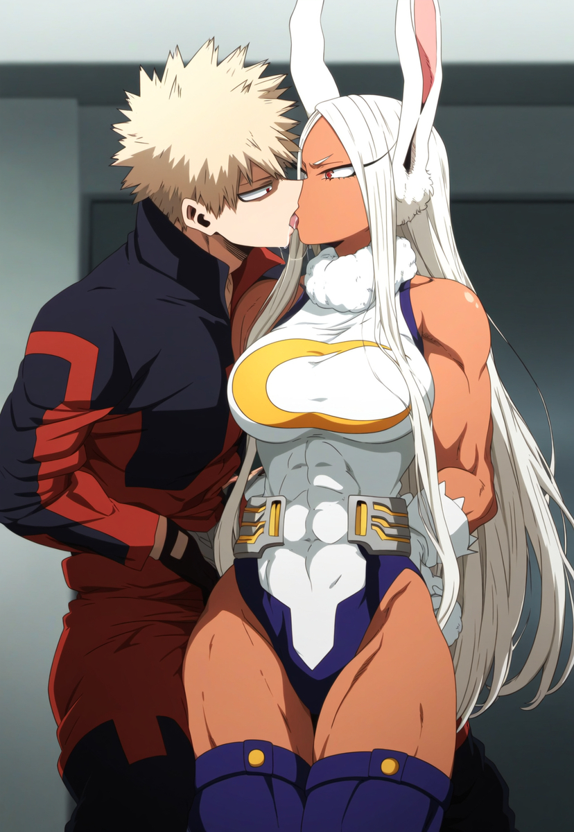 1boy 1girls abs ai_generated big_breasts blonde_hair blonde_hair_male bunny_ears bunny_girl bunny_tail clothed clothed_female clothed_male dark-skinned_female dark_skin dressed female french_kiss fully_clothed katsuki_bakugou kissing long_hair making_out male milf miruko muscular muscular_female muscular_male muscular_thighs my_hero_academia older_female older_woman_and_teenage_boy red_eyes rumi_usagiyama saliva saliva_string spiky_hair standing stockings tbaanime thick_hips thick_legs thick_thighs tongue tongue_out very_long_hair white_hair