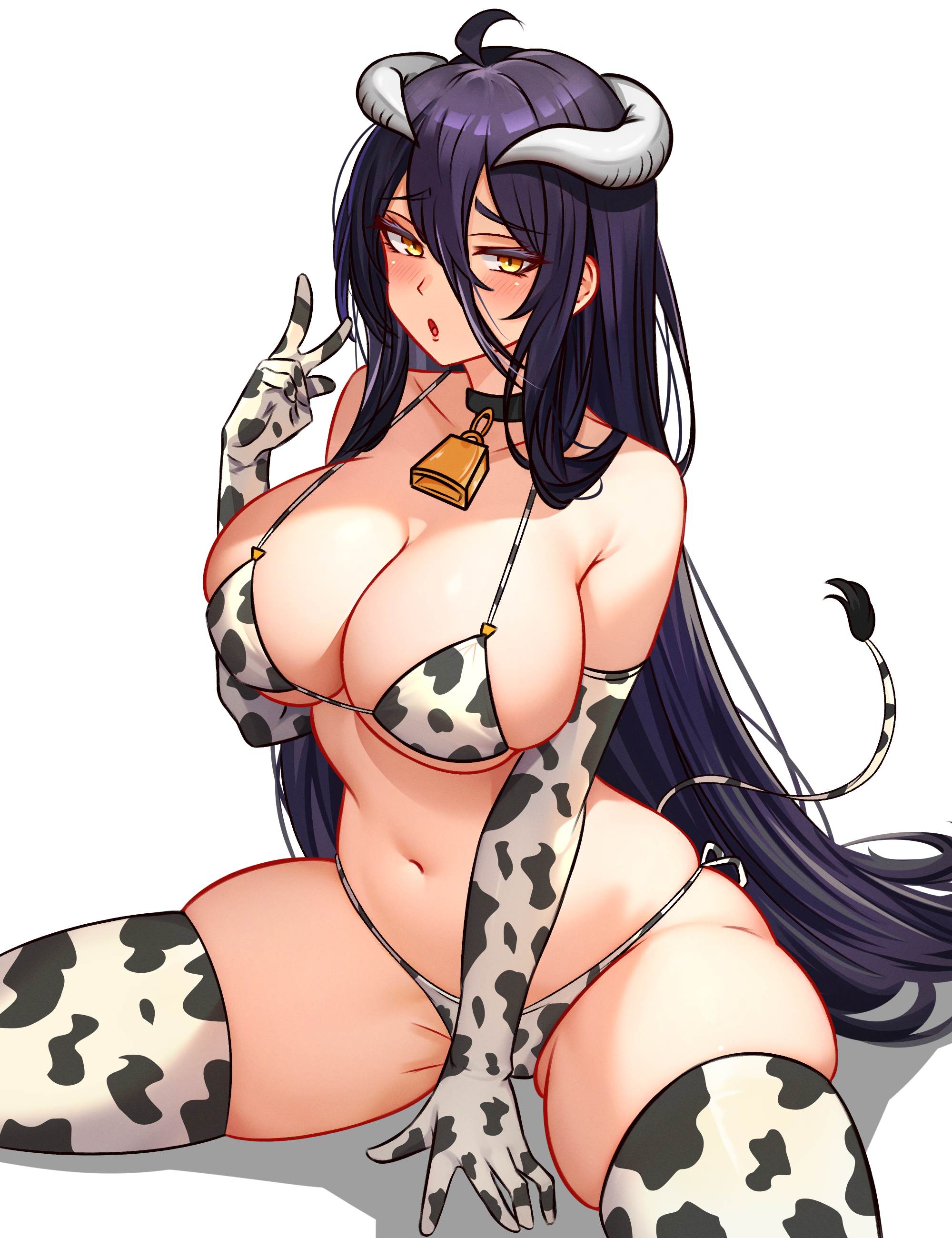 1girls, albedo (overlord), animal tail, armwear, big breasts, bikini, bikini bottom, bikini top, blush, bottomwear, breasts, cetta (cettadvd), cleavage, cow print, cow print armwear, cow print bikini, cow print legwear, cow print thighhighs, cow tail, cowbell, elbow gloves, fake tail, female, female only, hair, hips, horns, huge breasts, legwear, long hair, neckwear, overlord (maruyama), peace sign, purple hair, revealing clothes, solo, solo female, stockings, swimwear, tail, thick thighs, thighhighs, thighs, topwear, yellow eyes