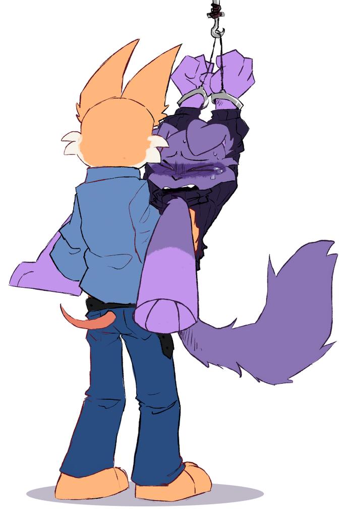 catnip_(pachi_rizuu) clothed clothed_sex clothing critters_(poppy_playtime) dogdaze_(pachi_rizuu) domestic_cat domestic_dog furry_only no_humans no_visible_genitalia orange_body orange_fur orange_skin poppy_playtime poppy_playtime_(chapter_3) purple_body purple_fur purple_skin simple_background simple_shading smiling_critters tied tied_hands tied_up white_background