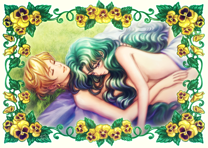 2girls bishoujo_senshi_sailor_moon blanket blonde_hair convenient_censoring female_only flower flower_border green_hair haruka_tenou human kay-i lesbian long_hair michiru_kaiou nude outdoors pansy romantic short_hair tagme yuri