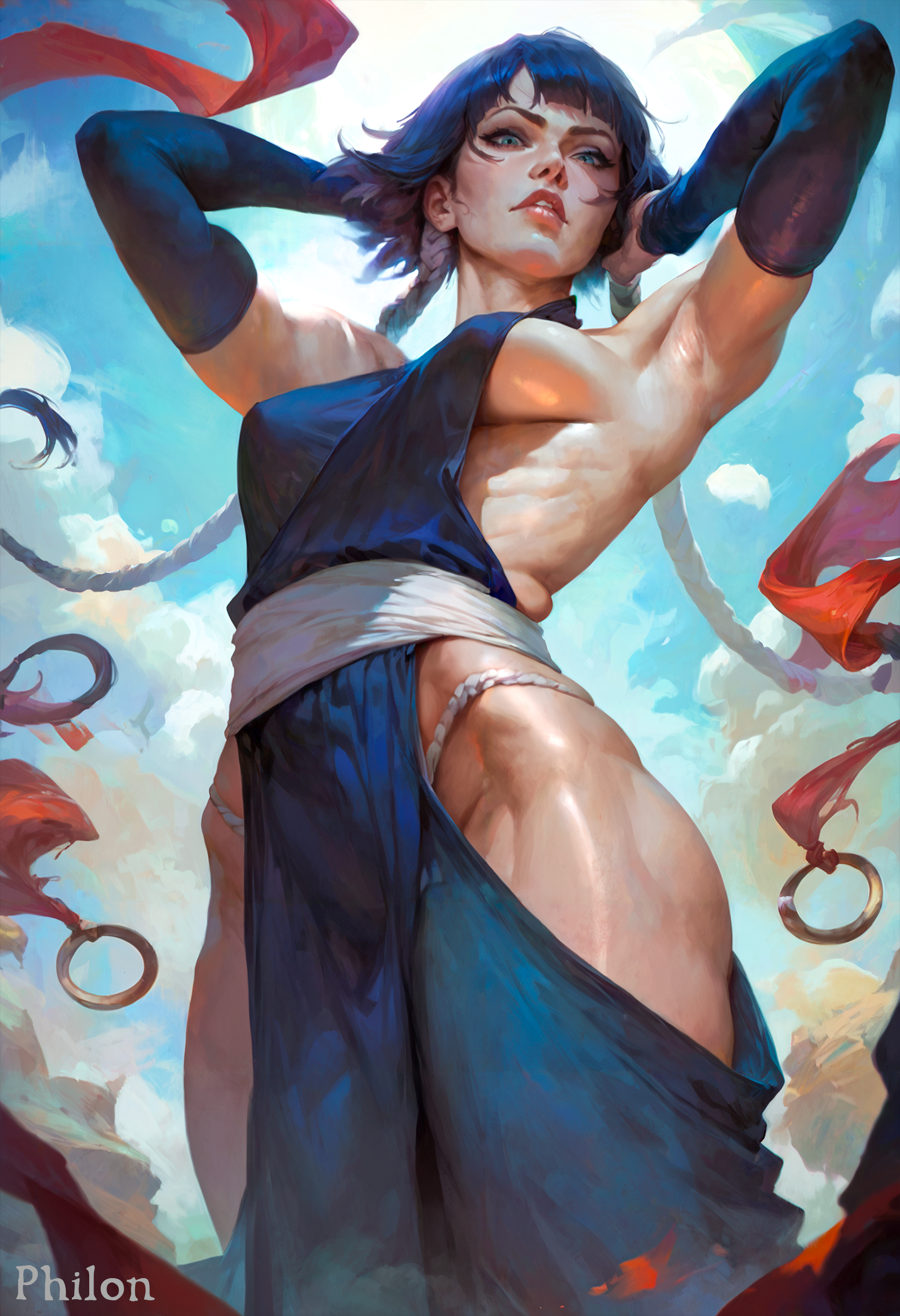 1girls, ai generated, armpits, arms up, bare shoulders, bleach, blue eyes, blue hair, blue sky, braid, breasts, cloud, covered nipples, day, detached sleeves, elbow gloves, female, female only, from below, fundoshi, gloves, hip vent, japanese clothes, lips, long hair, medium breasts, muscular, muscular female, no bra, nose, parted lips, philon, realistic, short hair with long locks, sideboob, sky, soifon, solo, stable diffusion, sui-feng, thighs, toned