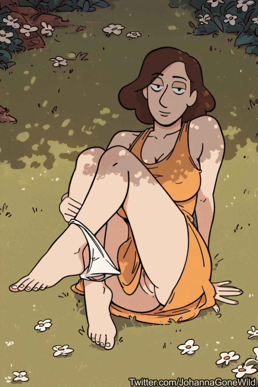1girls, ai generated, female, hilda (series), johanna (hilda), johannagonewild, milf, panties, panties around leg, upskirt