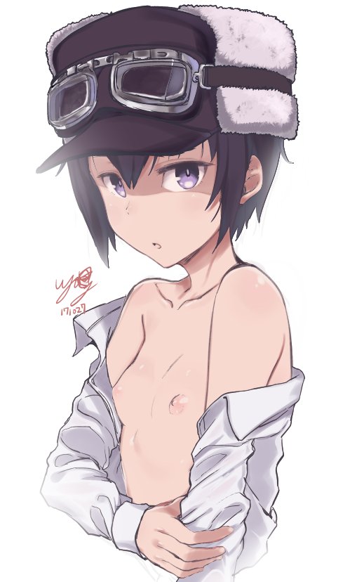 black_hair collarbones female goggles hat kino kino_no_tabi looking_at_viewer nipples nude purple_eyes simple_background small_breasts tomboy vyowolf