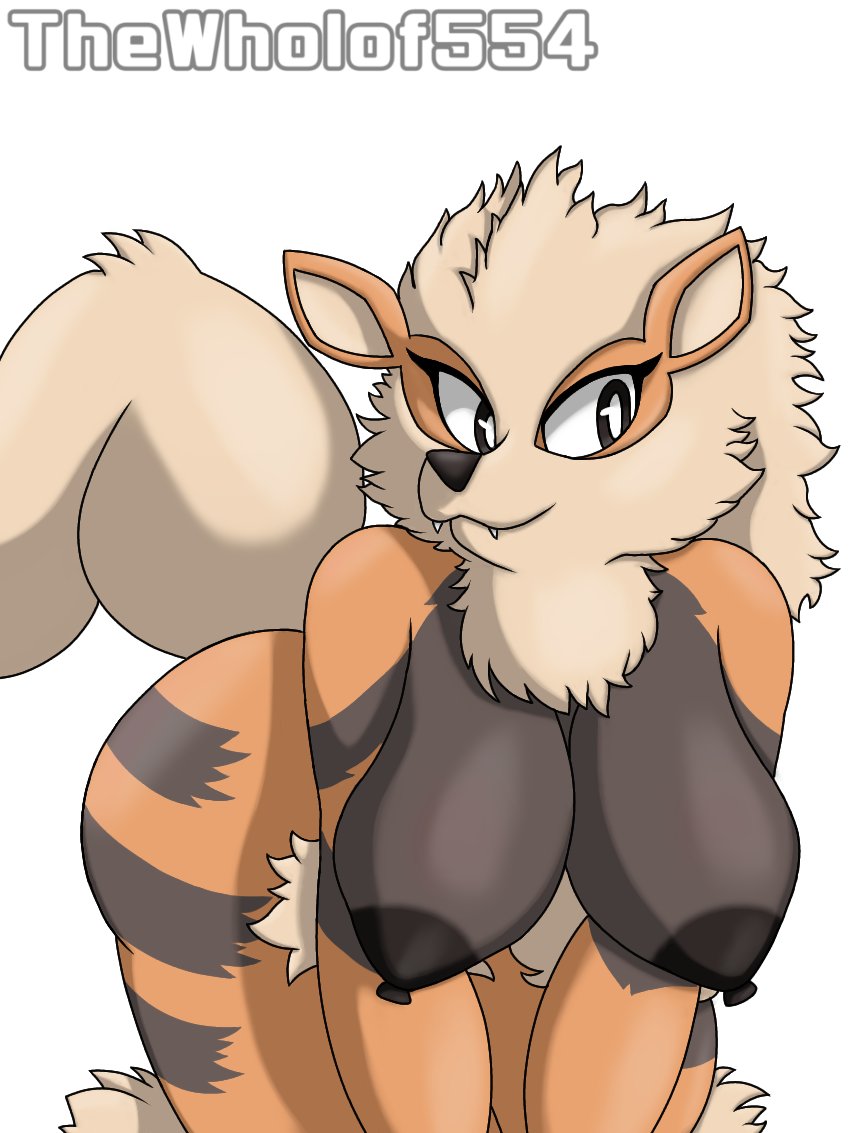 anthro anthrofied arcanine big_breasts black_body black_breasts black_fur breasts brown_eyes female fur generation_1_pokemon nintendo non-human_areolae orange_body orange_fur pokemon pokemon_(species) pokemorph simple_background solo tail tan_body tan_fur tan_tail thewholof554 watermark white_background