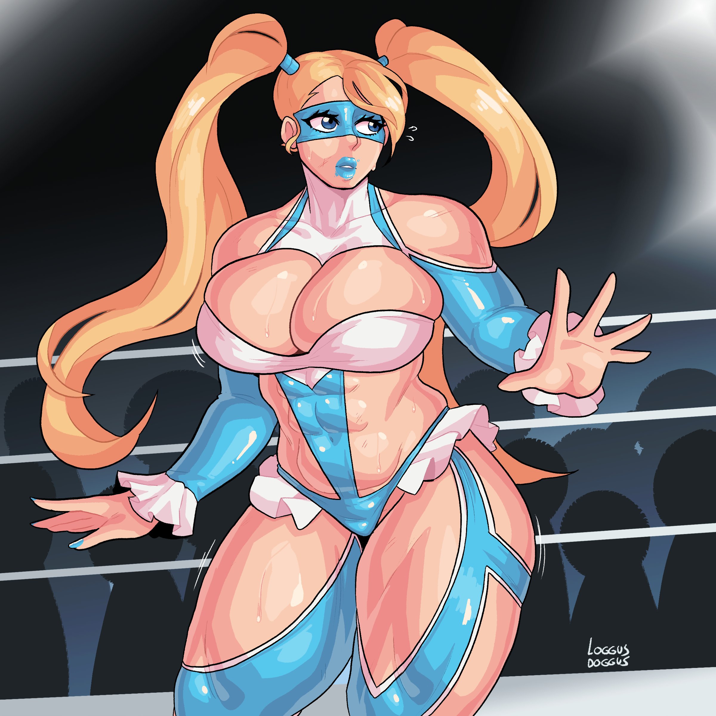 1girls, abs, big breasts, blonde hair, blue eyes, blue lipstick, blue nail polish, breasts, capcom, eye mask, female, female only, hi res, loggus doggus, long hair, muscular, muscular female, rainbow mika, solo, street fighter, thick thighs, twintails, wrestler, wrestling outfit, wrestling ring