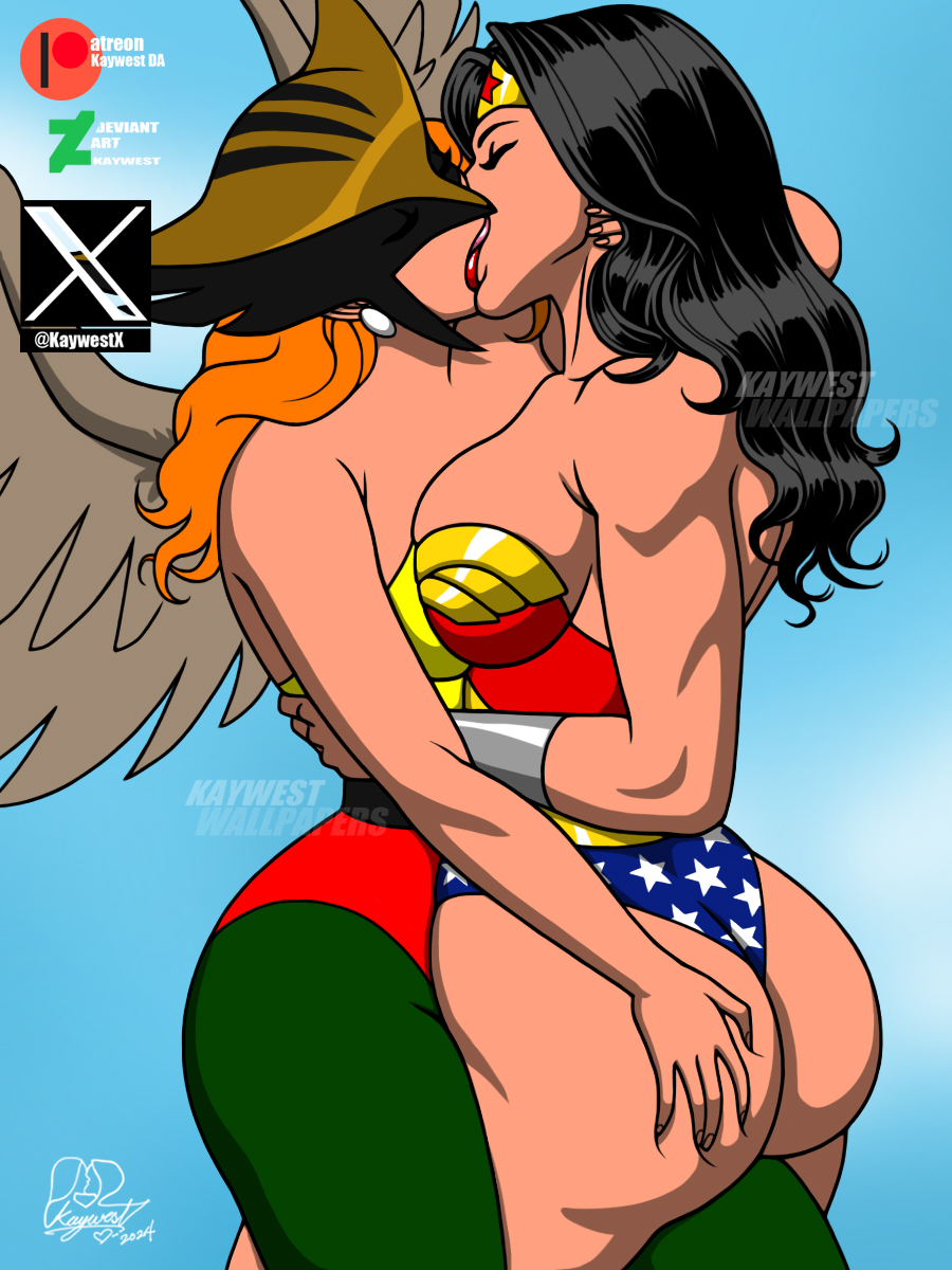 2girls, 4:5, alternate version at source, alternate version available, ass, ass focus, ass grab, big ass, big breasts, black hair, breasts, dc, dc comics, diana prince, female, female only, hawkgirl, justice league, justice league unlimited, kaywest, kissing, large ass, lesbian kiss, long hair, mace, multiple girls, orange hair, shayera hol, shiera sanders, wings, wonder woman, wonder woman (series)