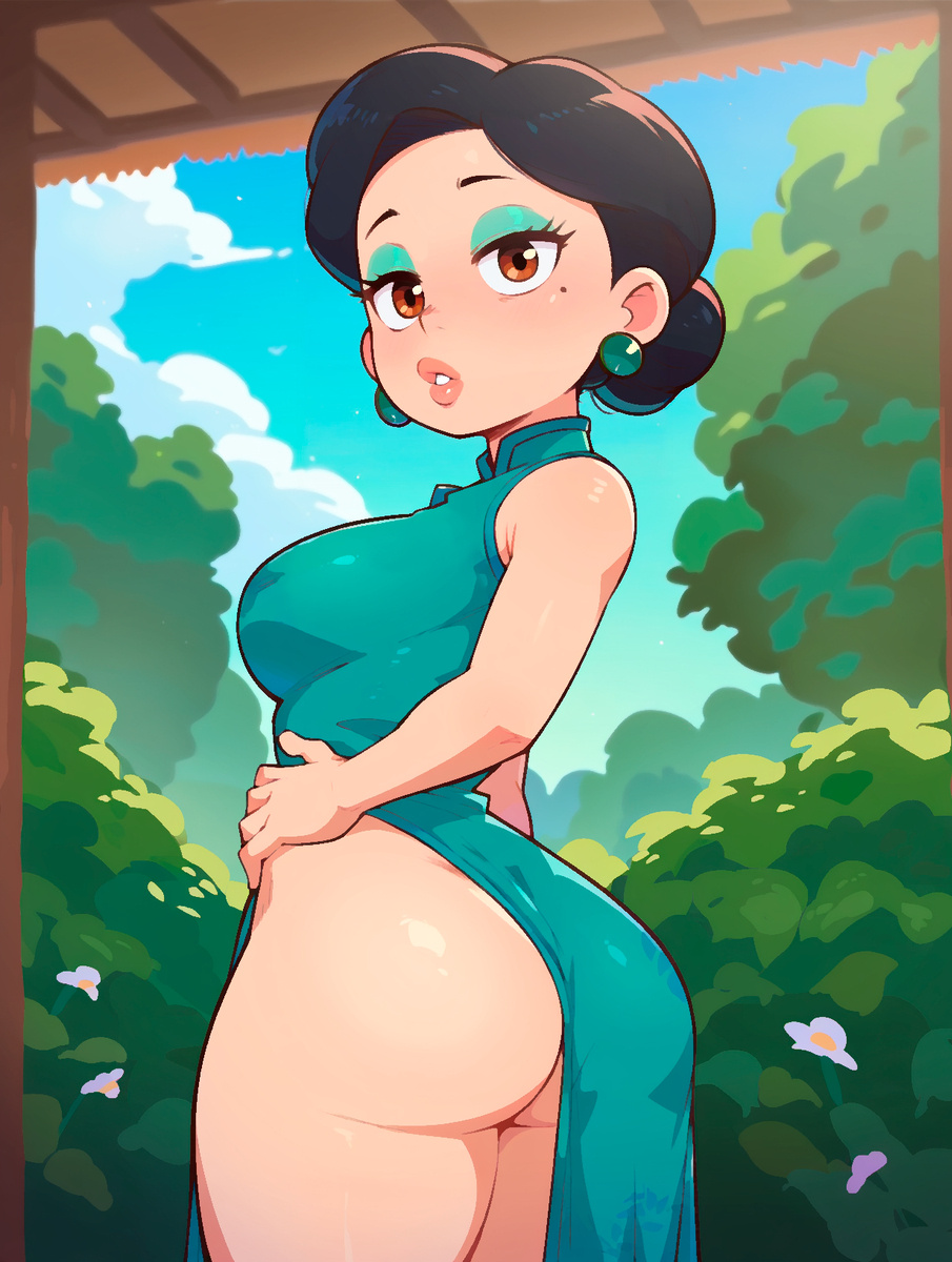 ai_generated asian asian_female bare_legs big_ass big_butt black_hair brown_eyes bubble_butt china_dress chinese_clothes disney dumptruck_ass fat_ass fat_ass_mommy hair_bun huge_breasts large_breasts light-skinned_female light_skin looking_back losforry_custom mature_female milf ming_lee pixar pornstar_body thick_thighs thighs turning_red voluptuous voluptuous_female