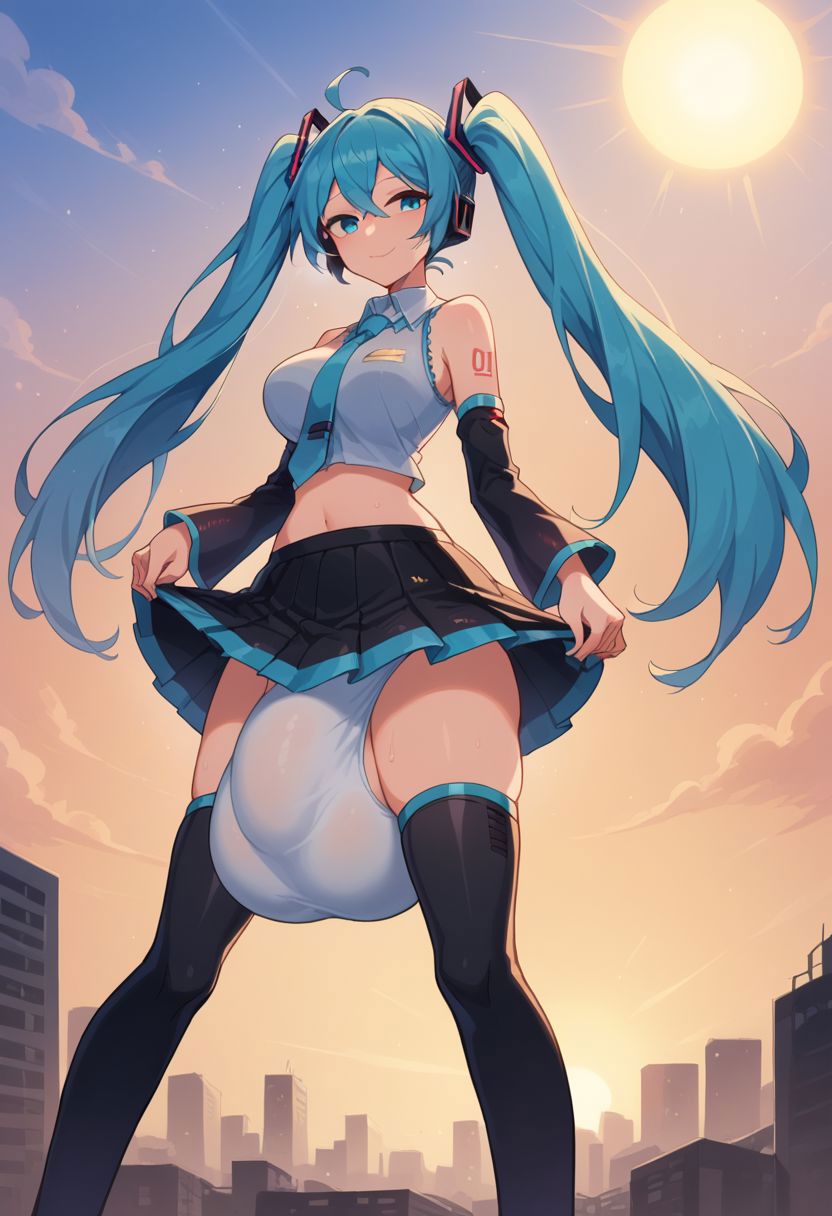 1futa ai_generated anime aqua_eyes aqua_hair balls_bigger_than_penis balls_under_clothes bare_shoulders big_balls big_penis big_testicles black_thighhighs bulge civitai clothed clothes_lift cloud detached_sleeves flaccid flaccid_penis full-package_futanari fully_clothed futa_only futanari hair_ornament hatsune_miku huge_balls huge_bulge huge_testicles lifted_by_self long_hair looking_at_viewer medium_breasts midriff mizuiro01 necktie outdoors penis_under_clothes penis_under_skirt pleated_skirt shirt skirt skirt_lift skirt_up sleeveless sleeveless_shirt smile solo solo_futa standing sun sunset tattoo testicles thighhighs twintails underwear vocaloid