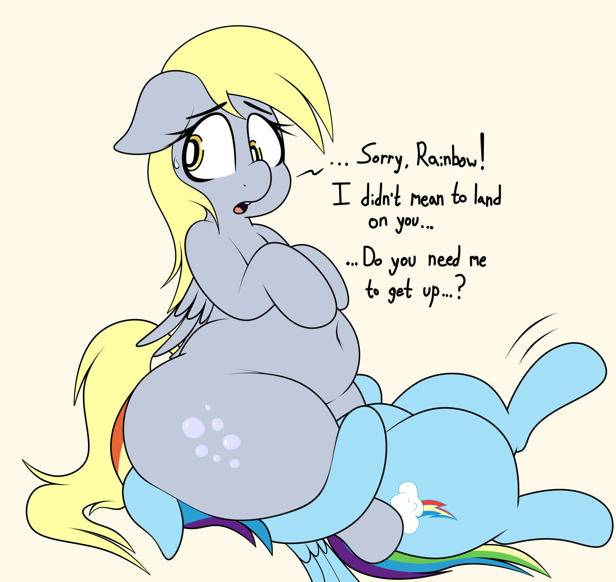 2girls, ass, big ass, big thighs, blitzy flair, chubby, chubby belly, chubby female, derpy hooves, dialogue, face sitting, facesitting, female, my little pony, rainbow dash (mlp)