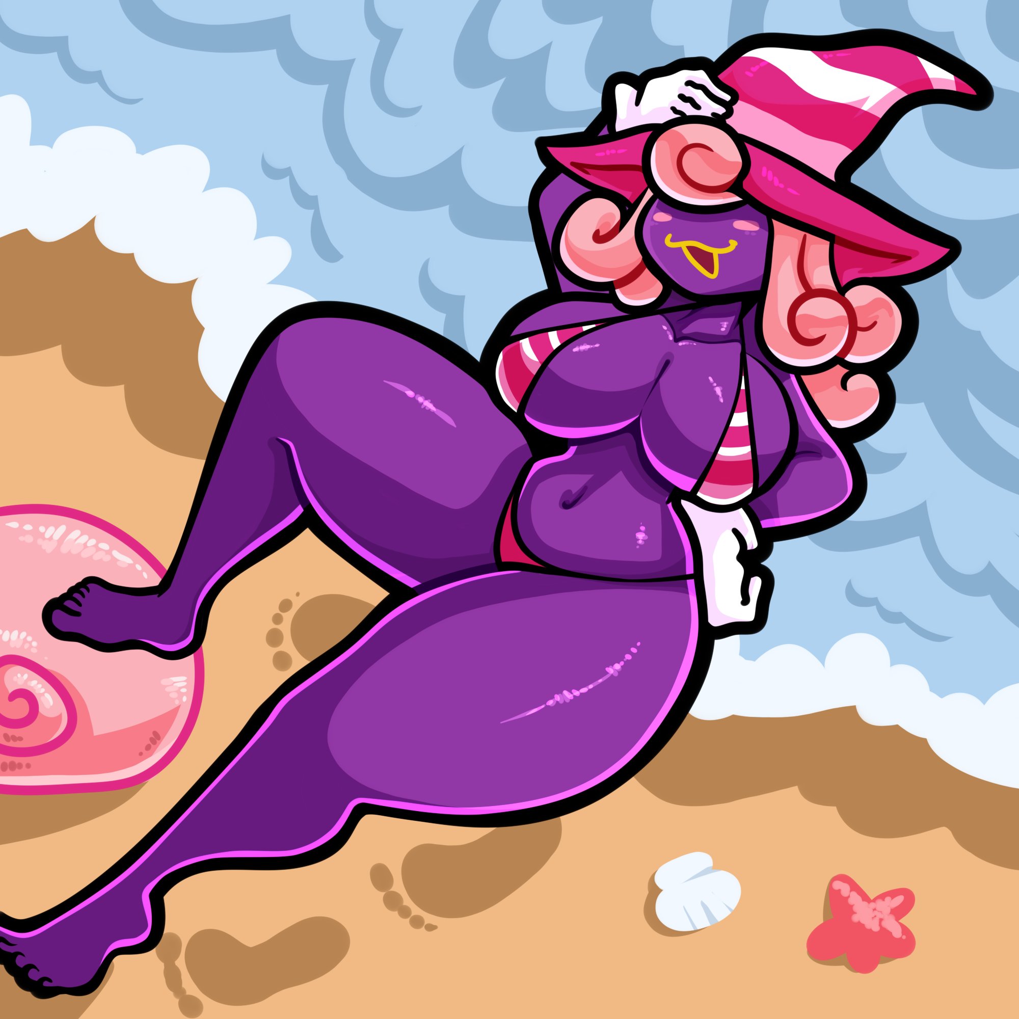 1girls, beach, bikini, blush, breasts, female, gloves, hat, kissthecarrot, large breasts, mario (series), paper mario, paper mario: the thousand-year door, pink hair, purple skin, solo, swimsuit, tagme, vivian (paper mario), voluptuous, witch hat