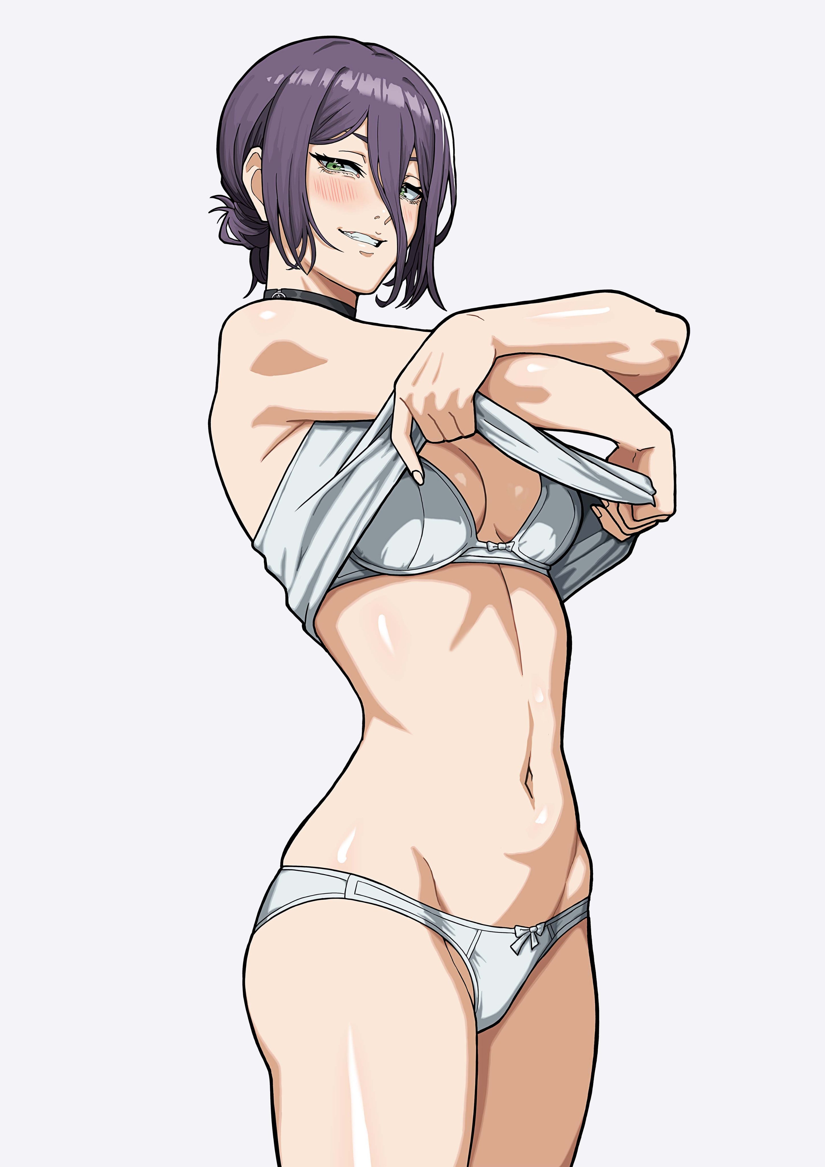 1girls, alternate version available, blush, bottomwear, bra, breasts, chainsaw man, choker, cleavage, clothing, female, female only, green eyes, hair, high resolution, highres, legs together, matching underwear, mikeypieart, neckwear, panties, purple hair, reze (chainsaw man), shirt, shirt lift, shirt up, smile, solo, solo female, textless, textless version, thighs, topwear, undressing, white bra, white panties, white shirt