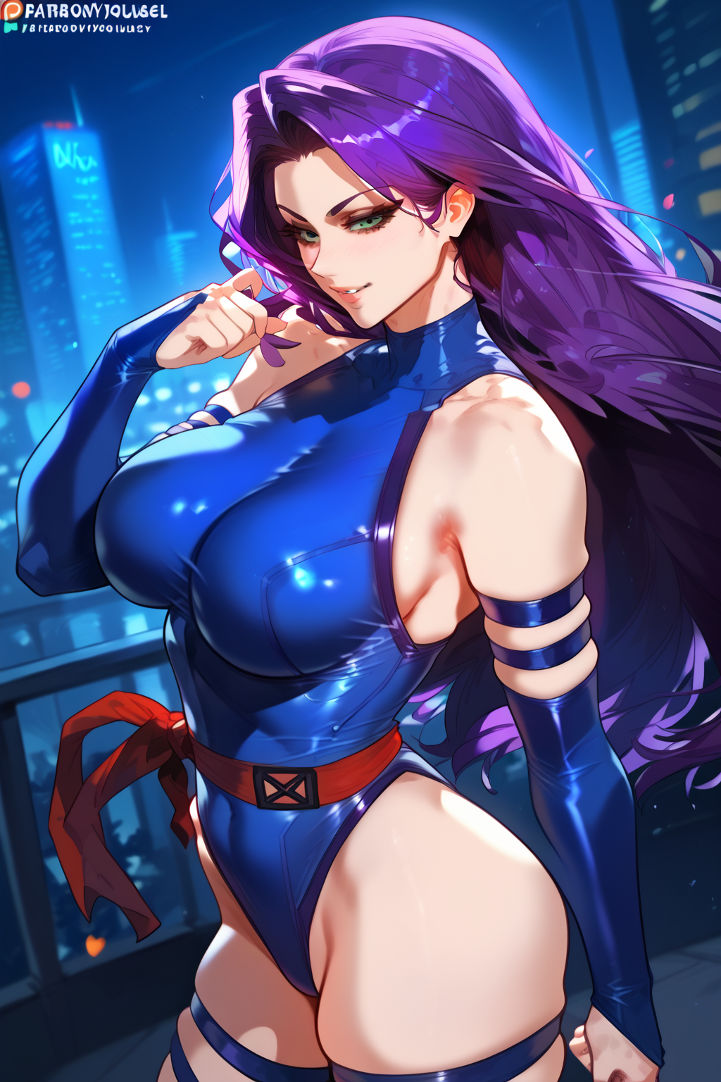1girls, ai generated, big breasts, blue leotard, breasts, elbow gloves, female, hellblueboy4, leotard, long hair, marvel, marvel comics, night, psylocke (kwannon), purple hair, standing, tagme, thighhighs, x-men